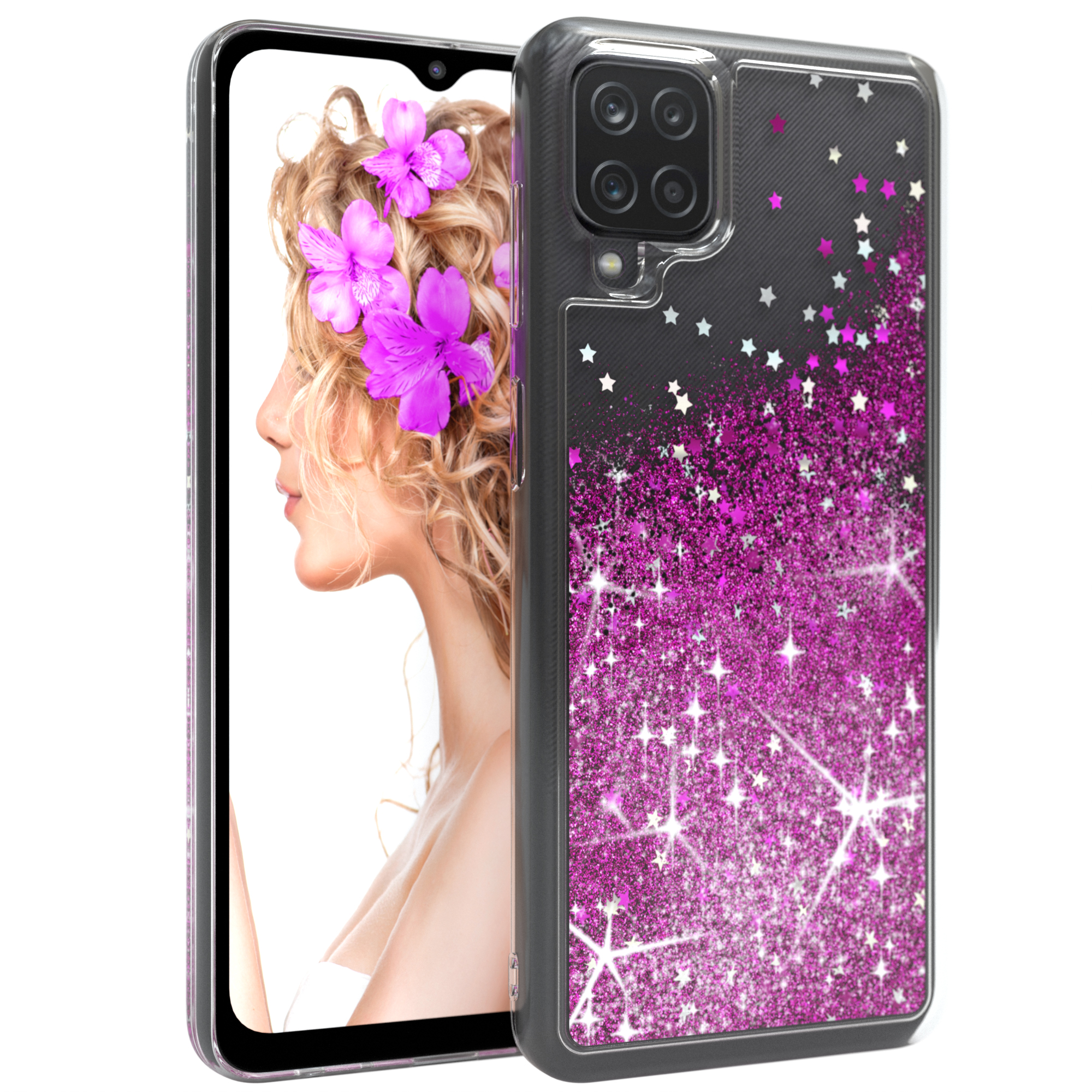 Telefon mit einer rosa Glitzerhülle und dem Gesicht einer Frau auf dem Bildschirm.