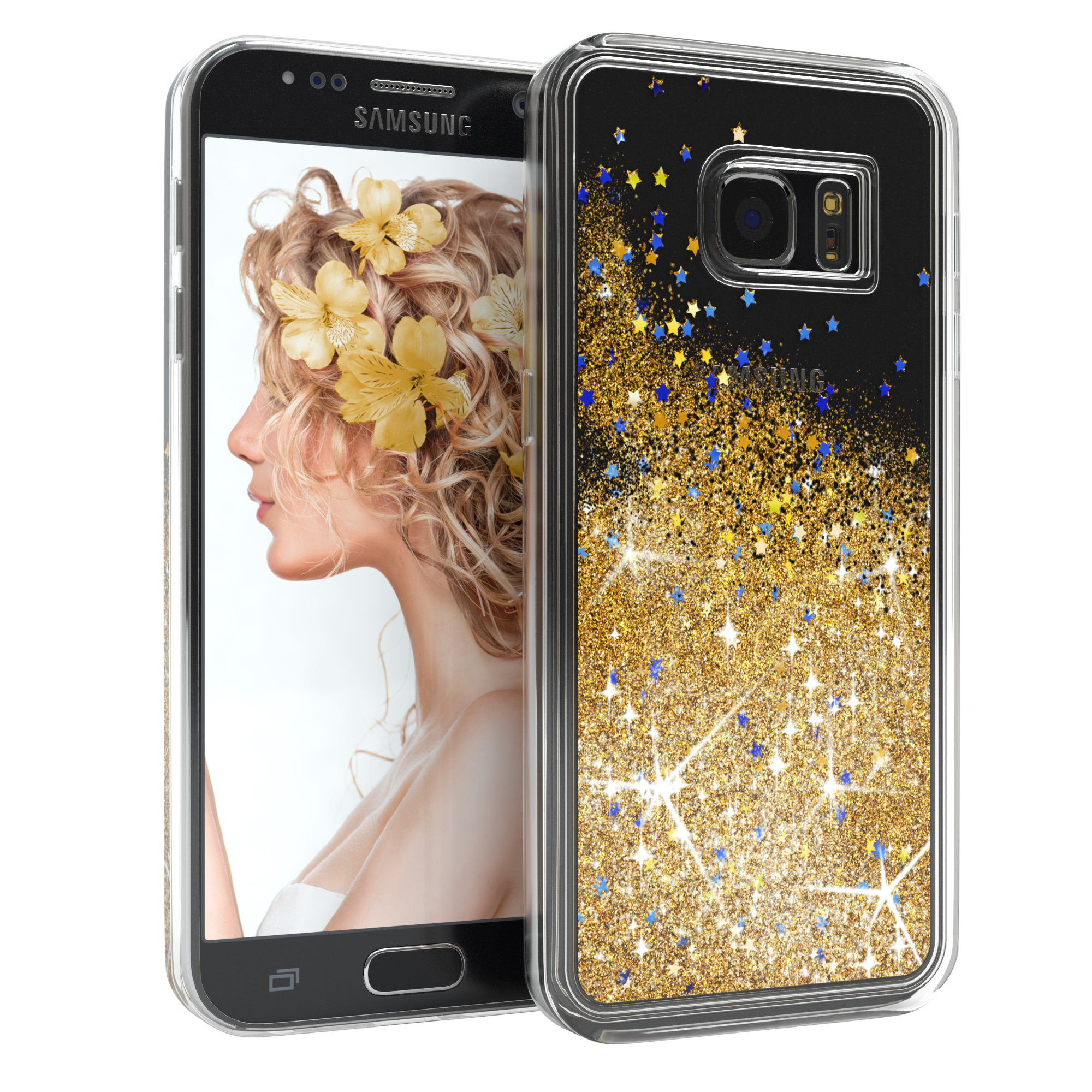 Telefon in transparenter Hülle mit goldenem Glitzer und blauen Sternen.