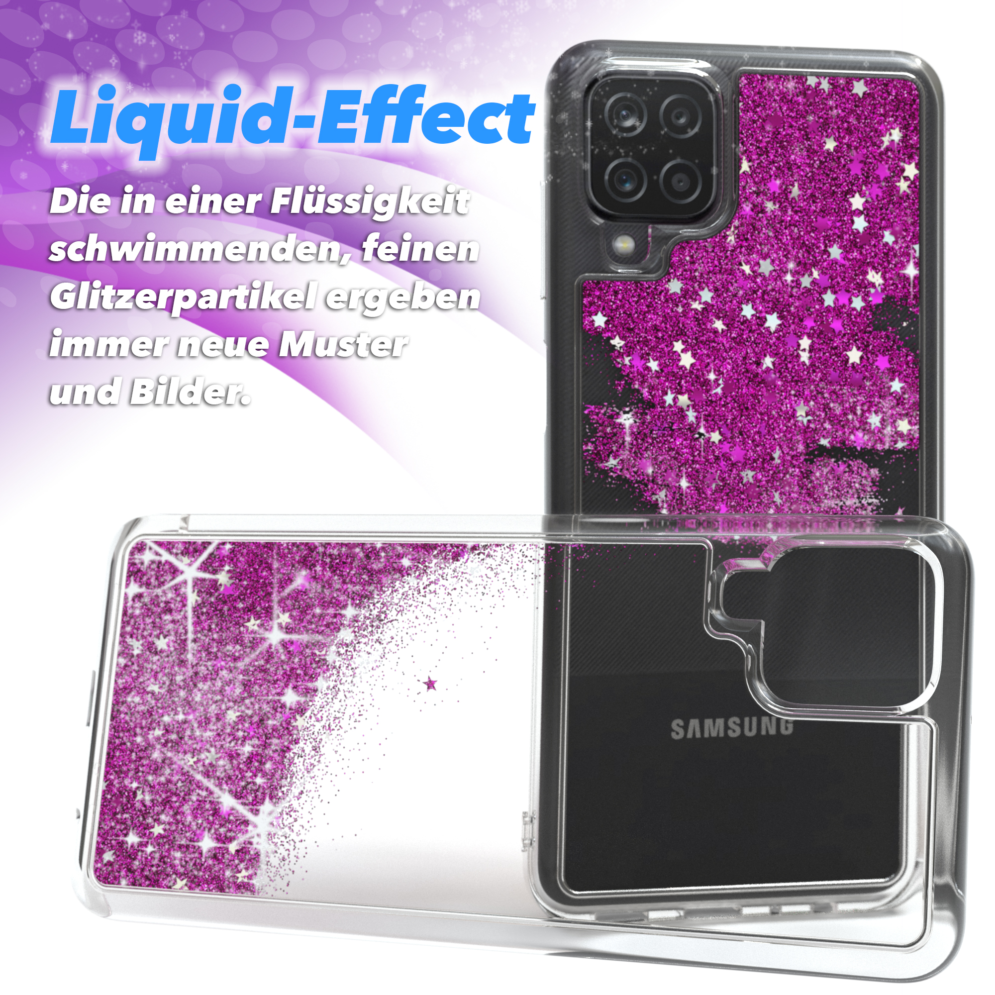Handyhülle mit pinkfarbenen Glitzersternen, mit Nahaufnahme, die Liquid-Effekt-Funktionen zeigt.