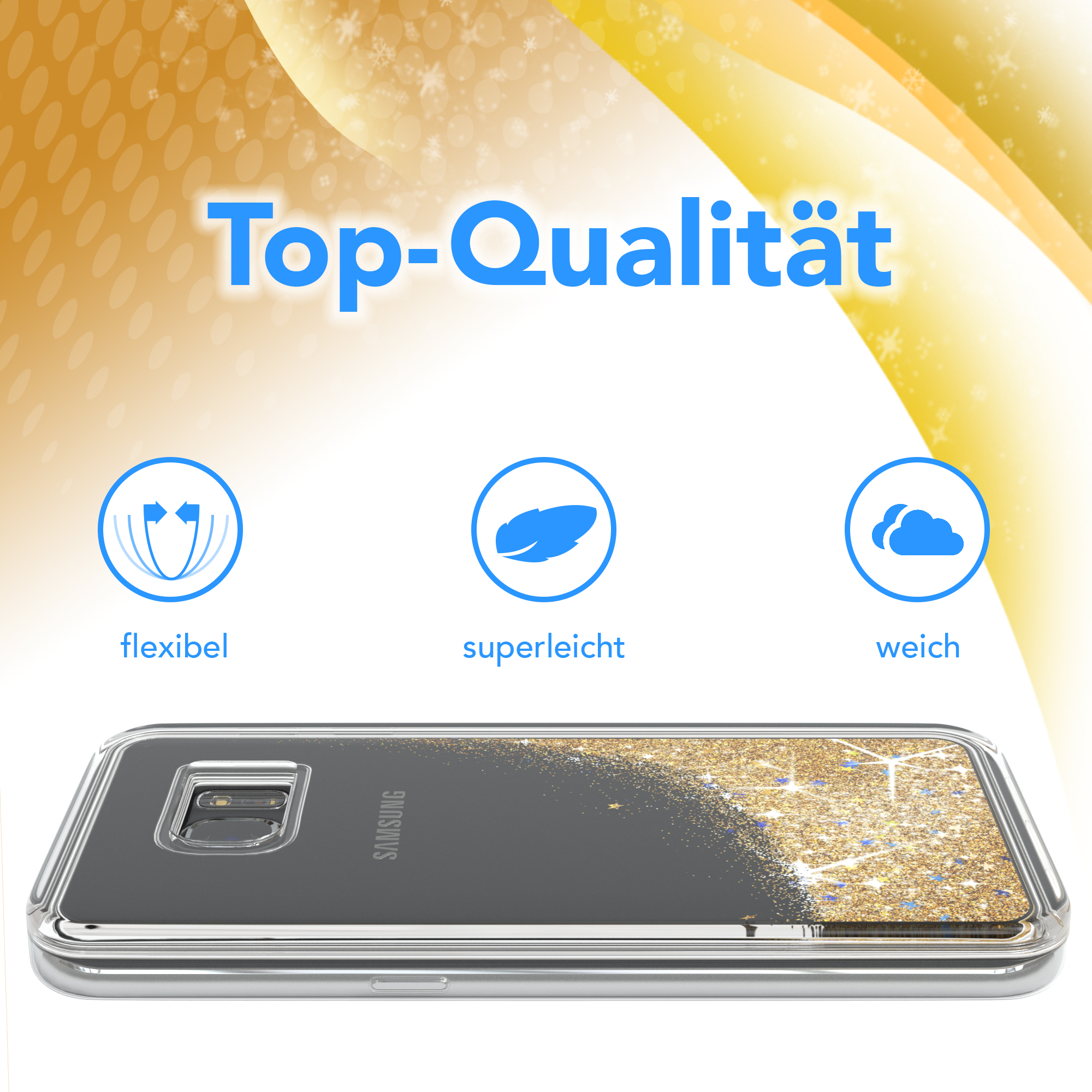 Transparente Handyhülle mit glitzerndem Gold-Design.