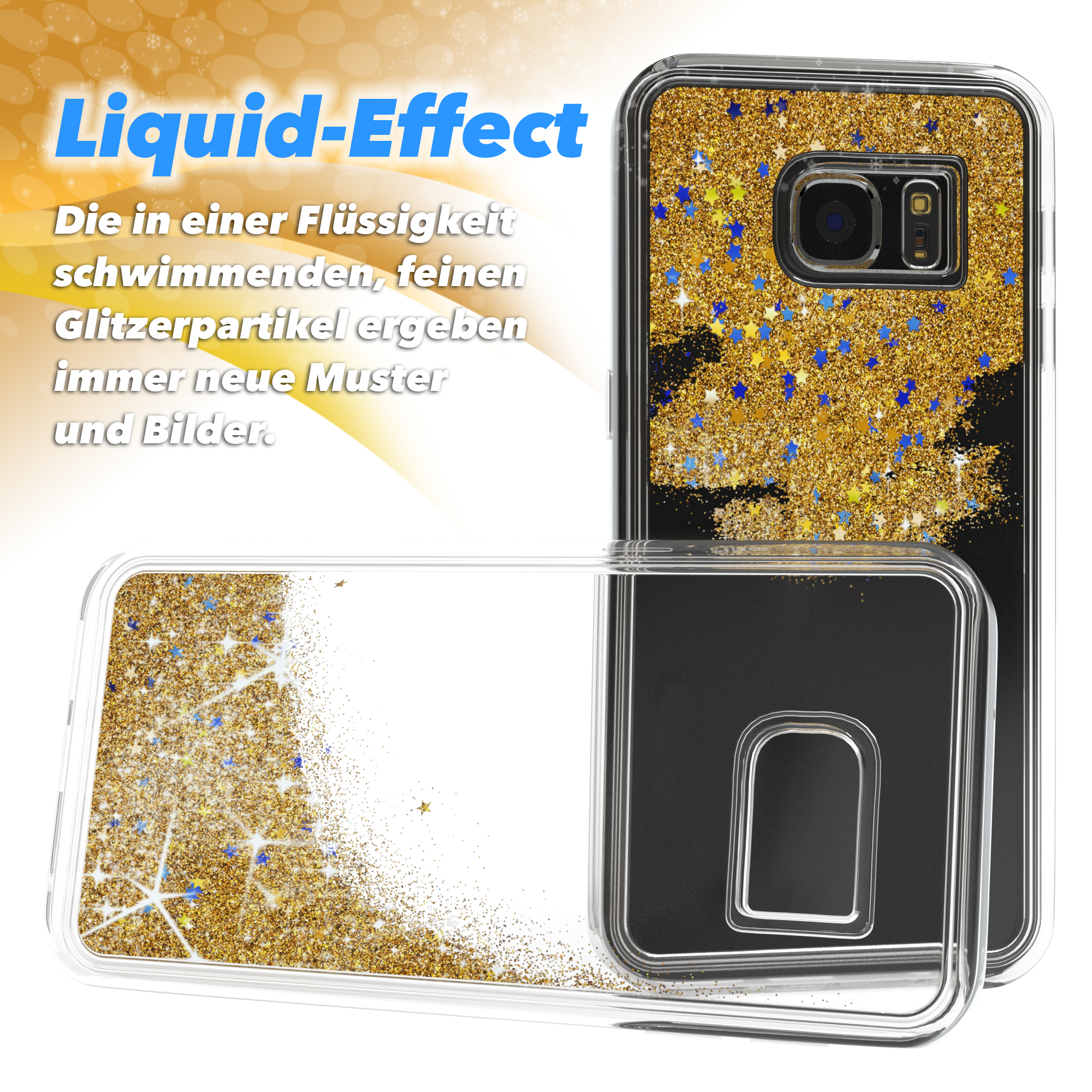 Handyhülle mit Goldeffekt, geöffnet, um das Design zu zeigen. Text: Liquid-Effekt, mit Sternen.