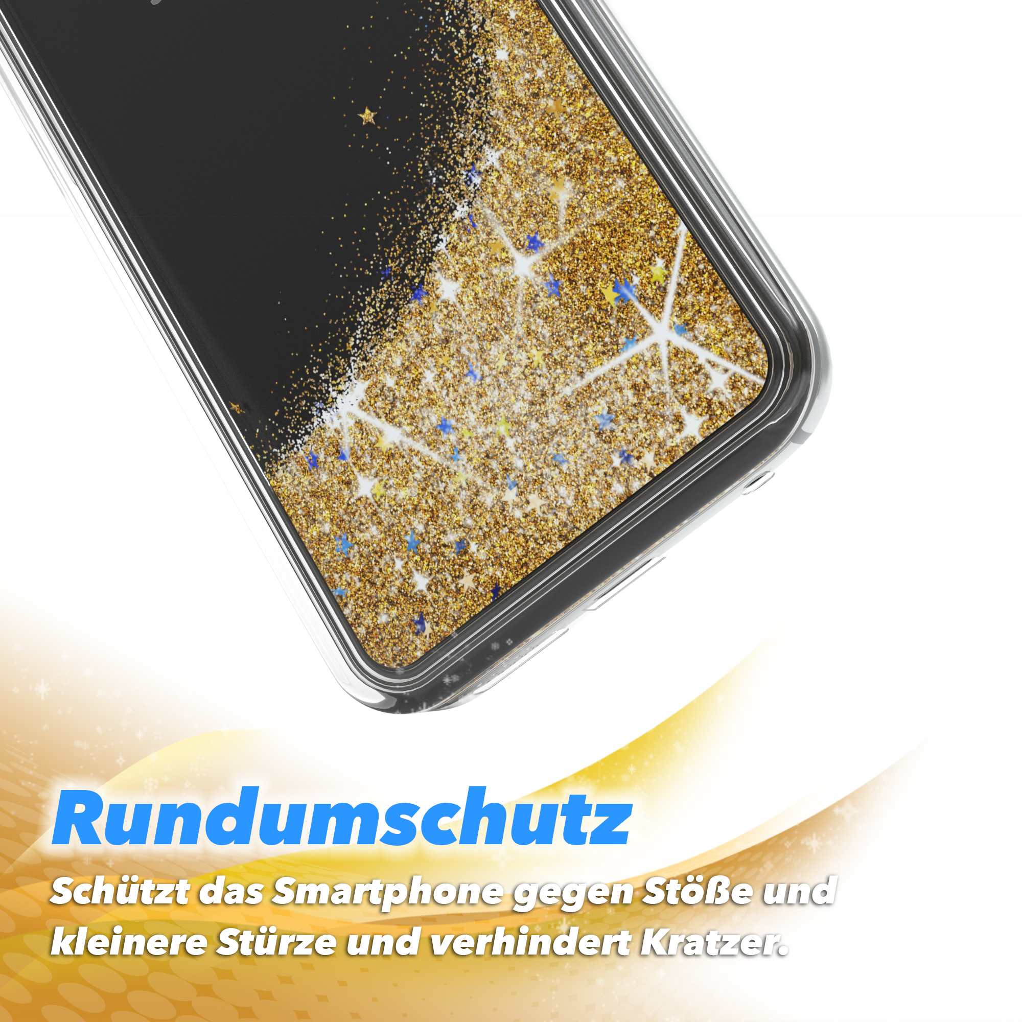 Nahaufnahme einer Handyhülle mit Glitzerdesign und goldenen Sternformen.