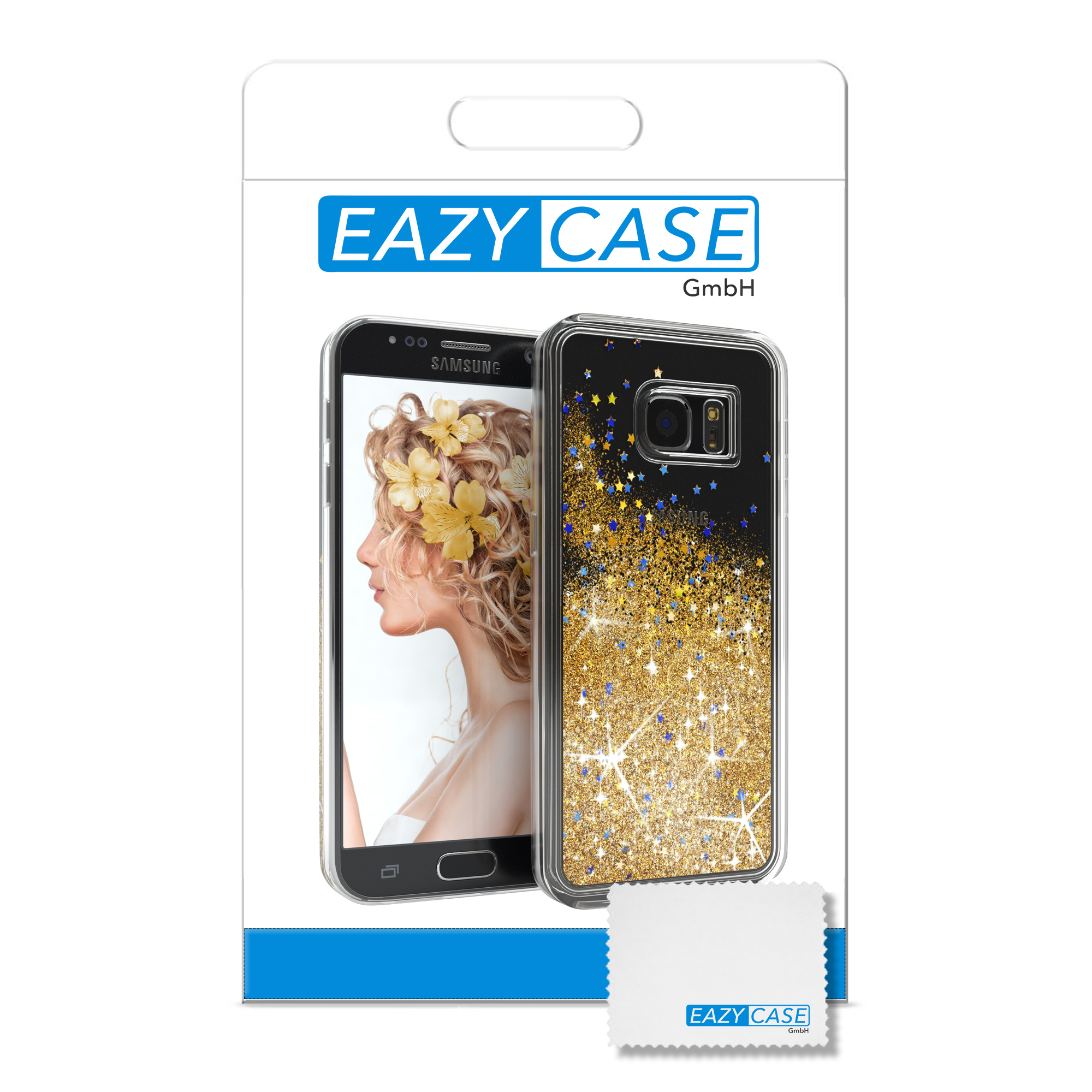 Handyhüllenverpackung mit Telefon darin. Telefon zeigt eine Frau mit Blumen auf dem Kopf.