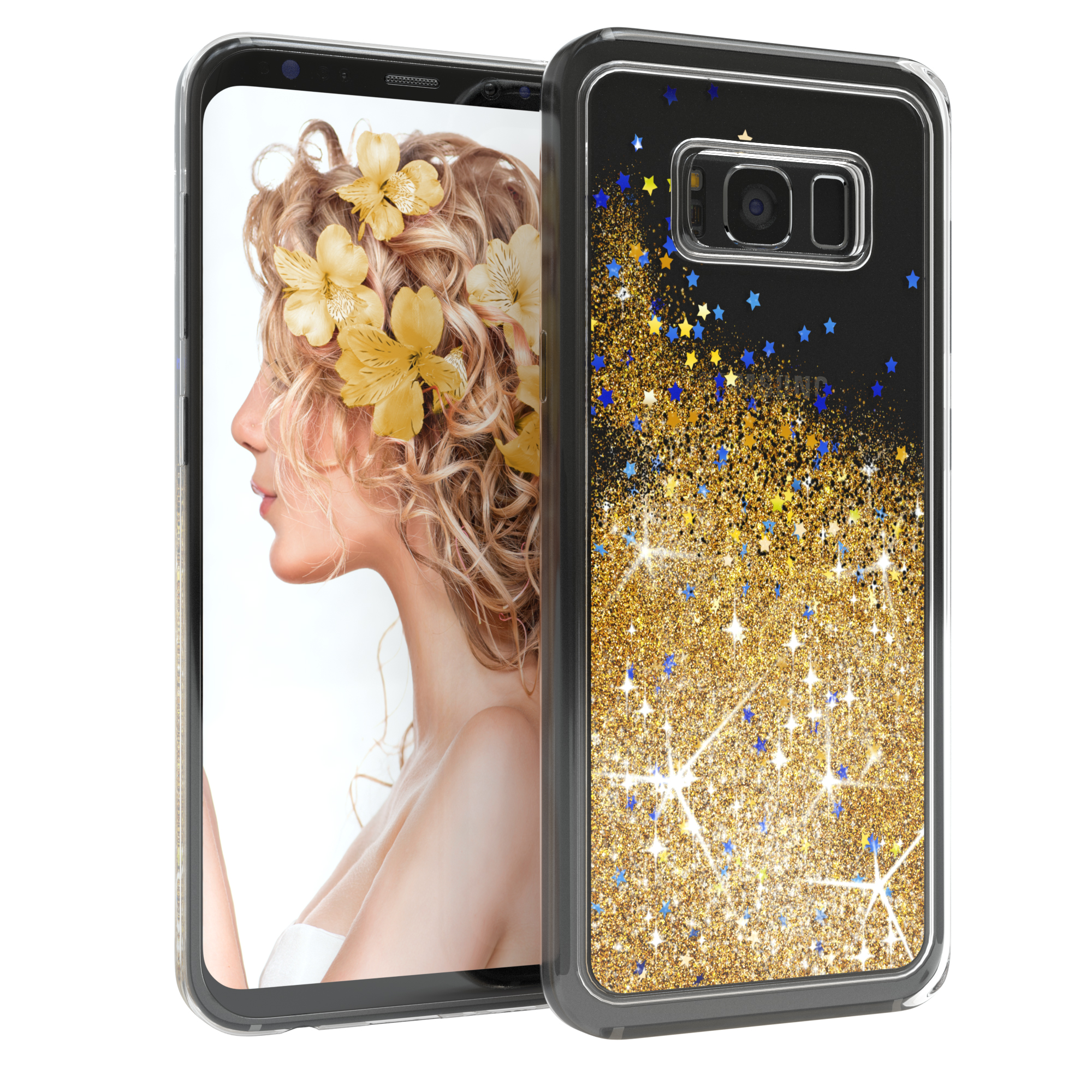 Smartphone in transparenter Hülle. Das Telefon zeigt eine Frau mit Blumen im Haar und eine glitzernde goldene Hülle.