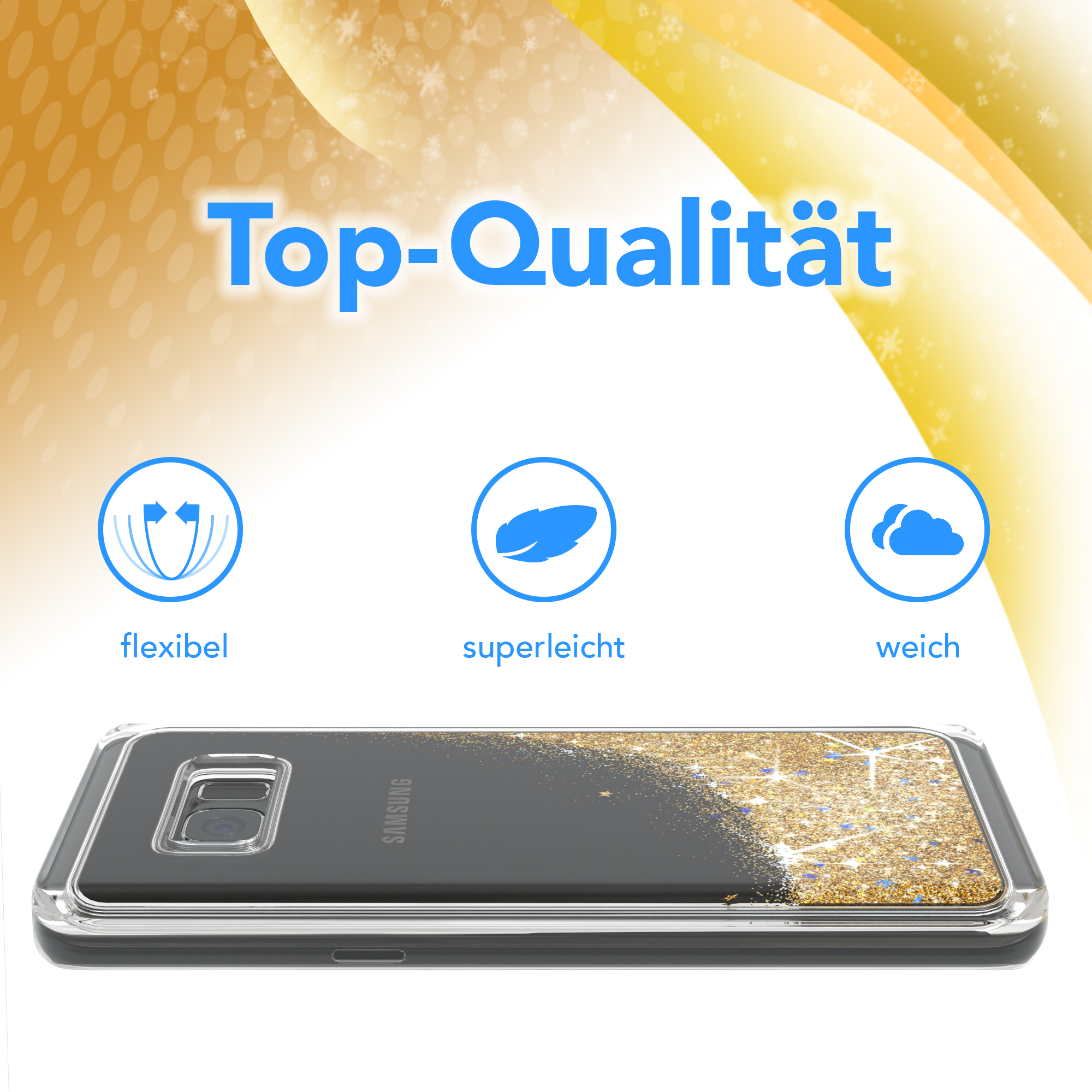 Handyhülle mit Glitzer. Glitzer ist Gold. Weißer und gelber Hintergrund.