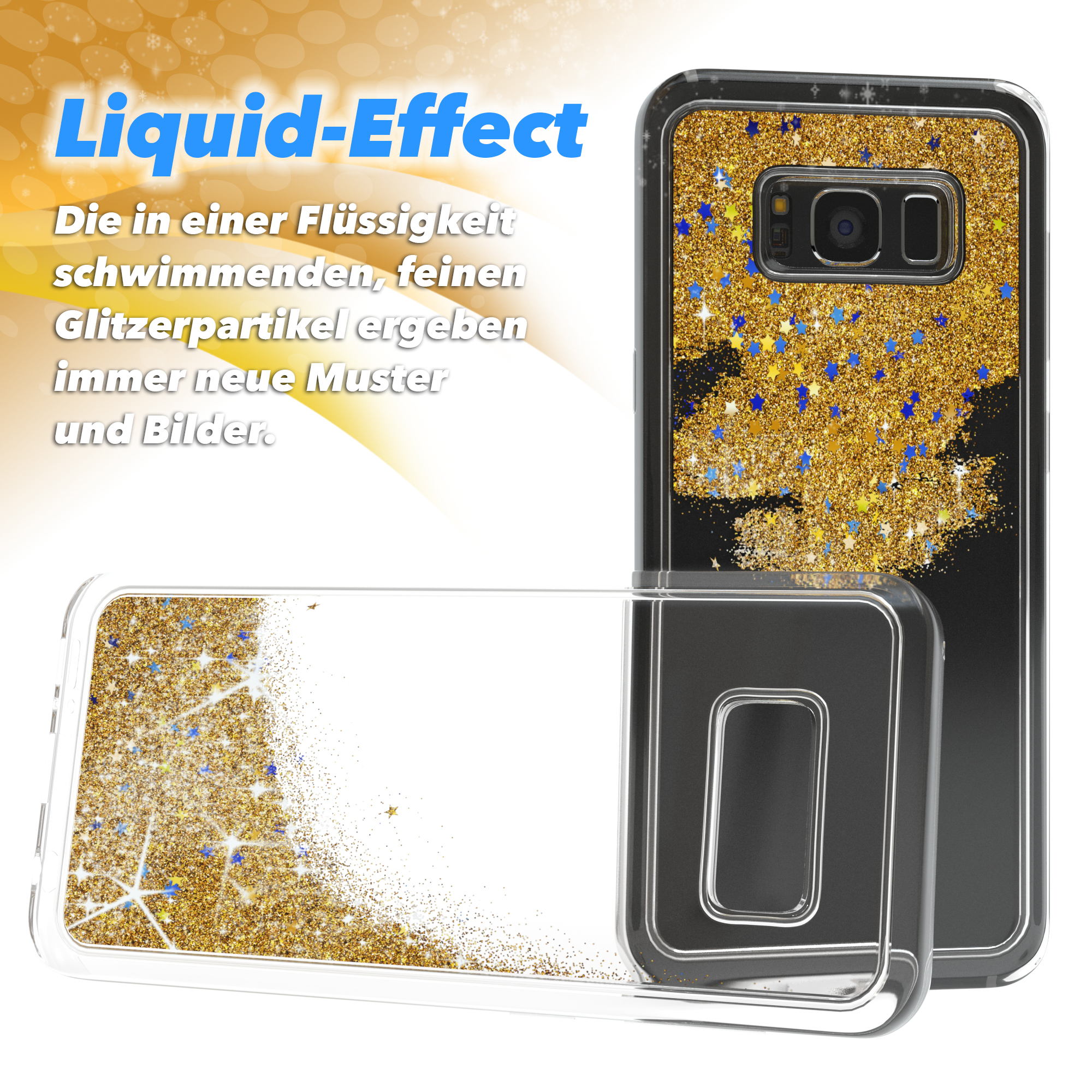 Handyhülle mit Glitzereffekt. Goldglitter und blaue Sterne in Flüssigkeit. Drei Hüllen werden angezeigt.