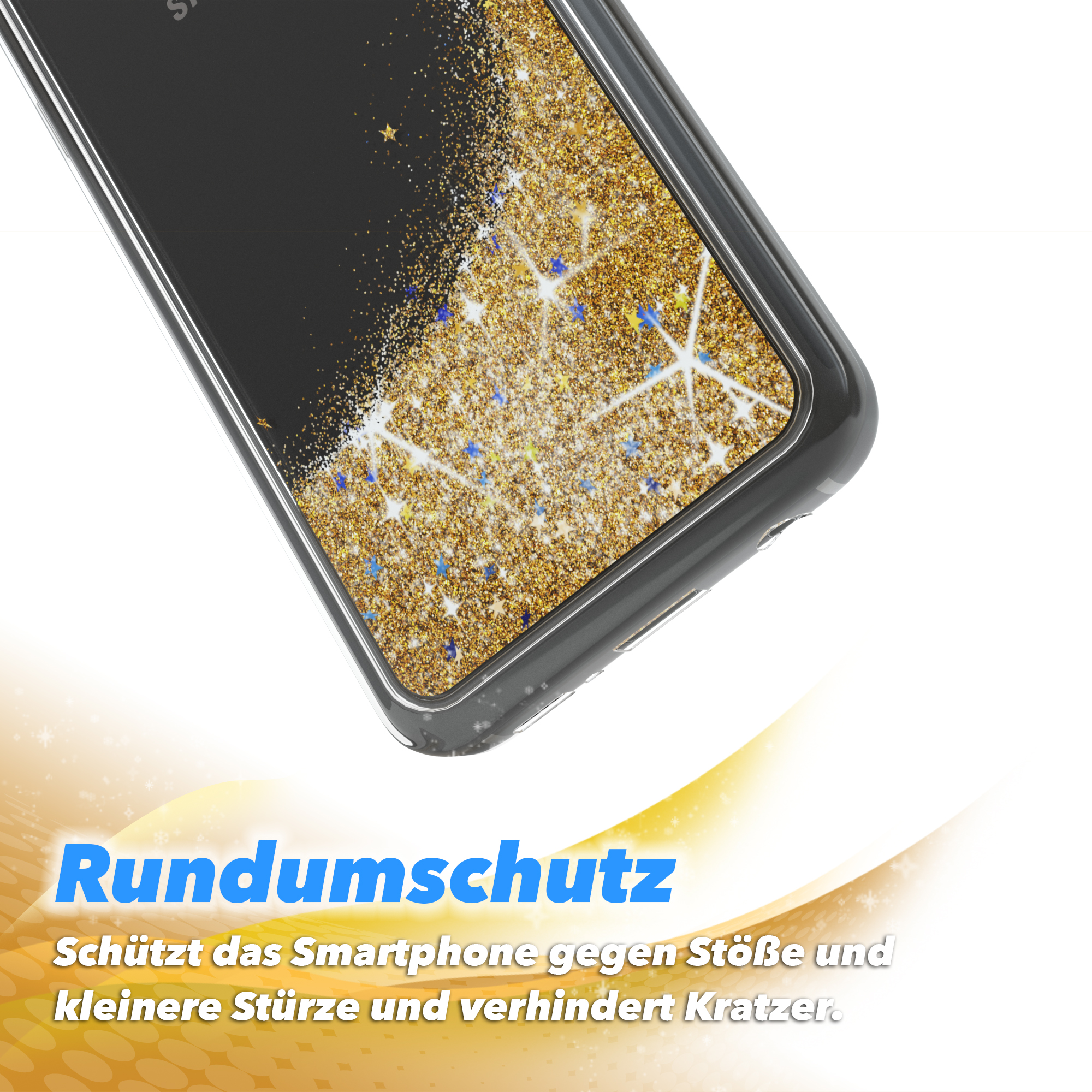 Schwarze Handyhülle mit goldenem Glitzer und Text 'Rundumschutz' auf weißem Grund.