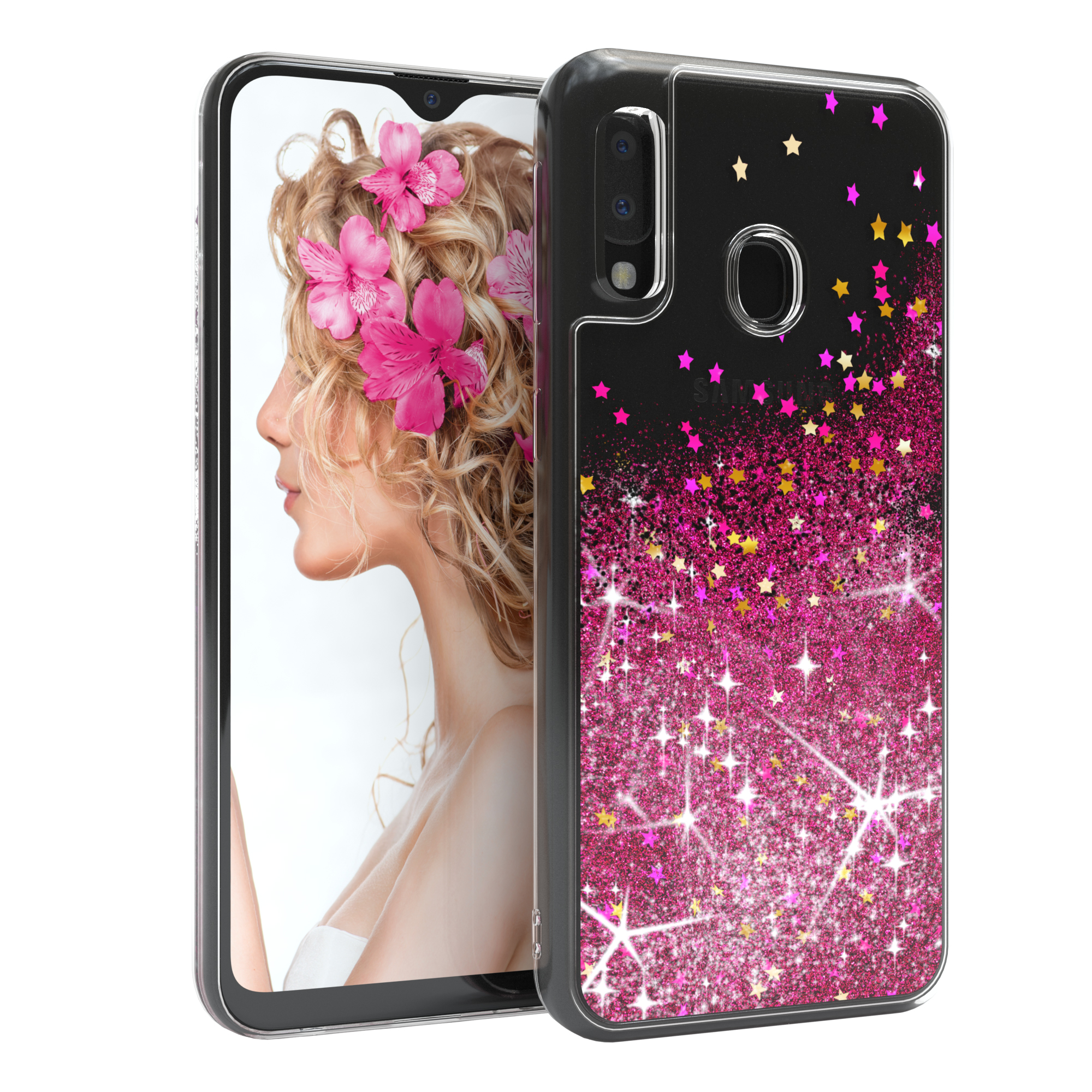Schwarze Handyhülle mit Glitzer und Sternen. Frau mit Blumen auf dem Bildschirm.
