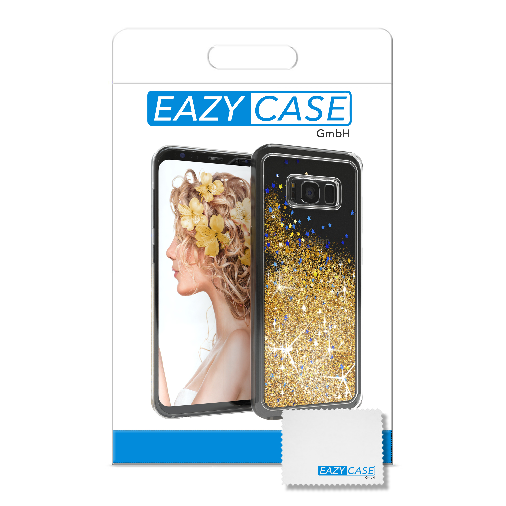 Handyhüllenverpackung mit Handy und einem Reinigungstuch, mit floralem Design.