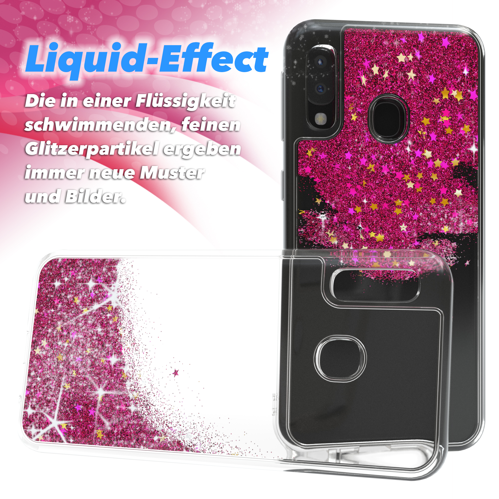 Transparente Handyhülle mit rosa Glitzer. Die Hülle ist mit rosa und goldenen Sternen verziert.