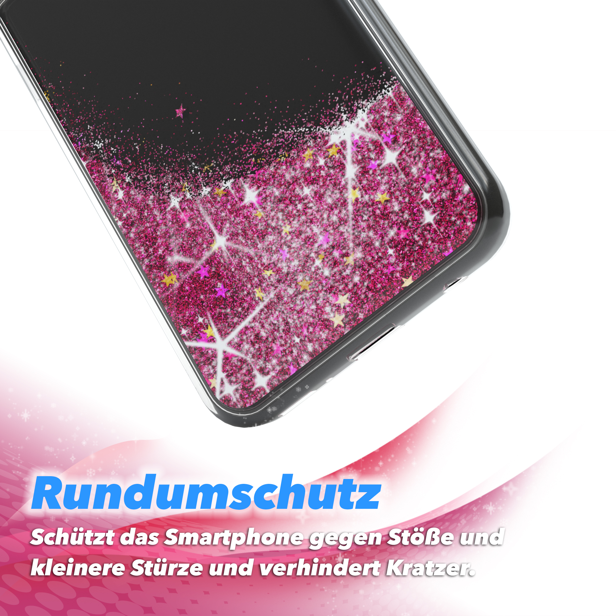 Eine Handyhülle mit pinkfarbenem Glitzer und einem rosa Wellendesign.