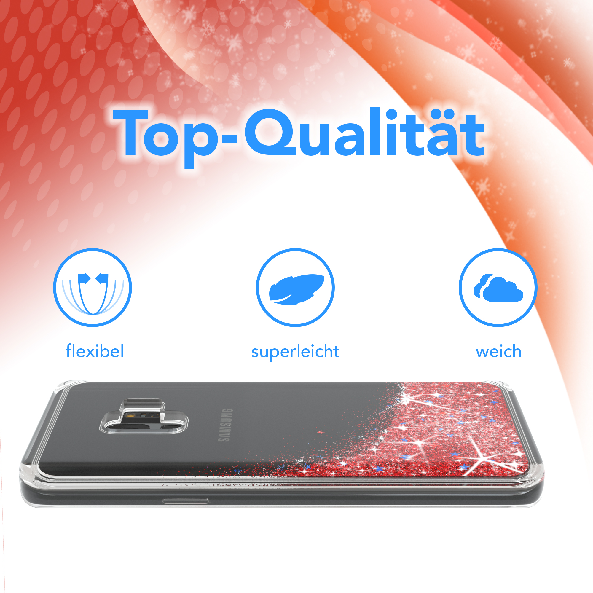 Eine Handyhülle mit rotem Glitzerdesign auf schwarzem Hintergrund. Samsung-Logo sichtbar.