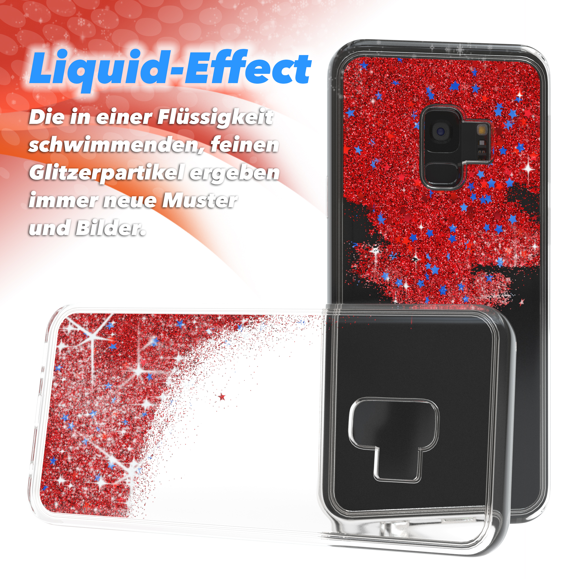 Klare Handyhülle mit rotem Glitzer und blauen Sternen. Text: Flüssigkeitseffekt. Schwebender Glitzer erzeugt neue Muster.