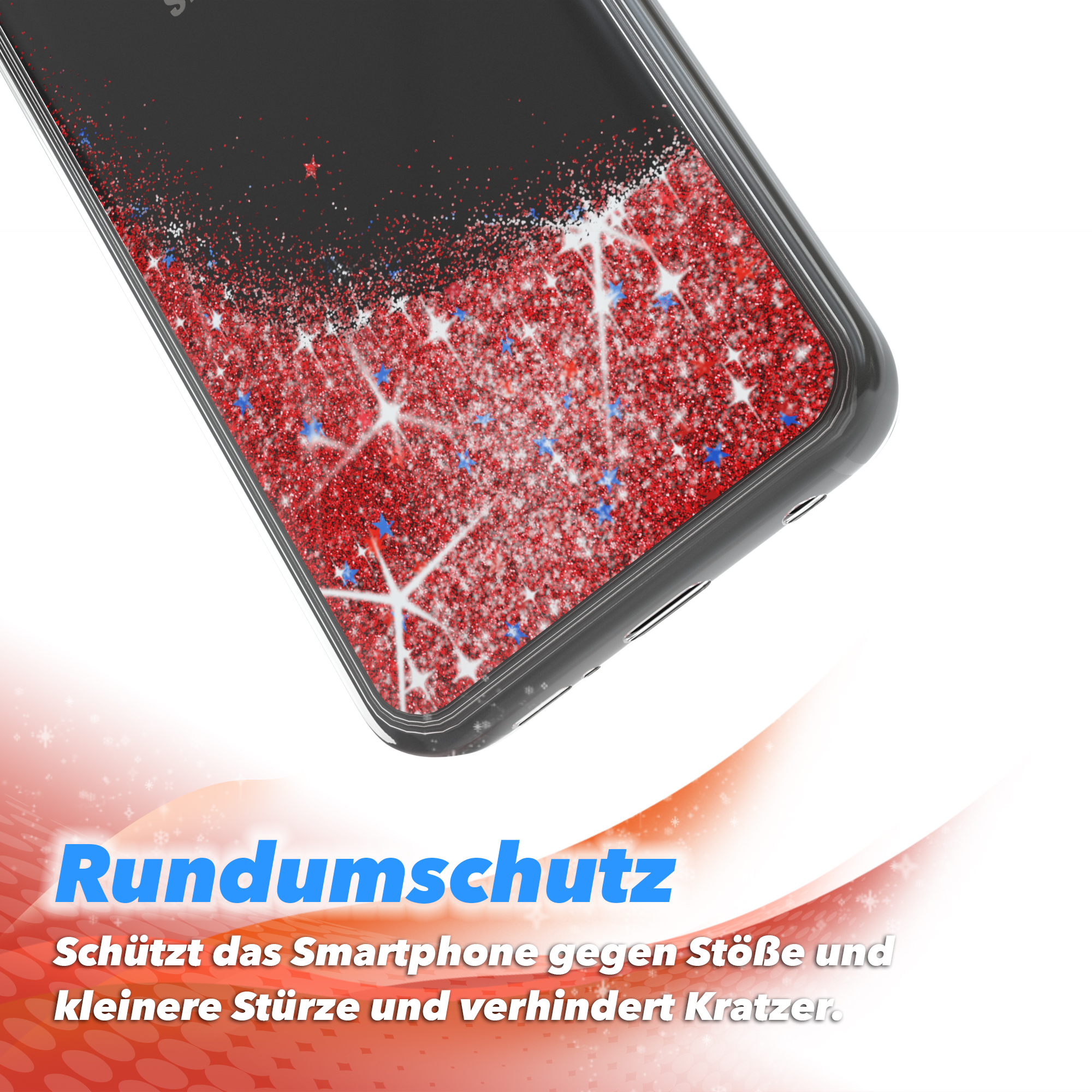 Nahaufnahme der Handyhülle mit rotem und blauem Glitzer. Text unten.