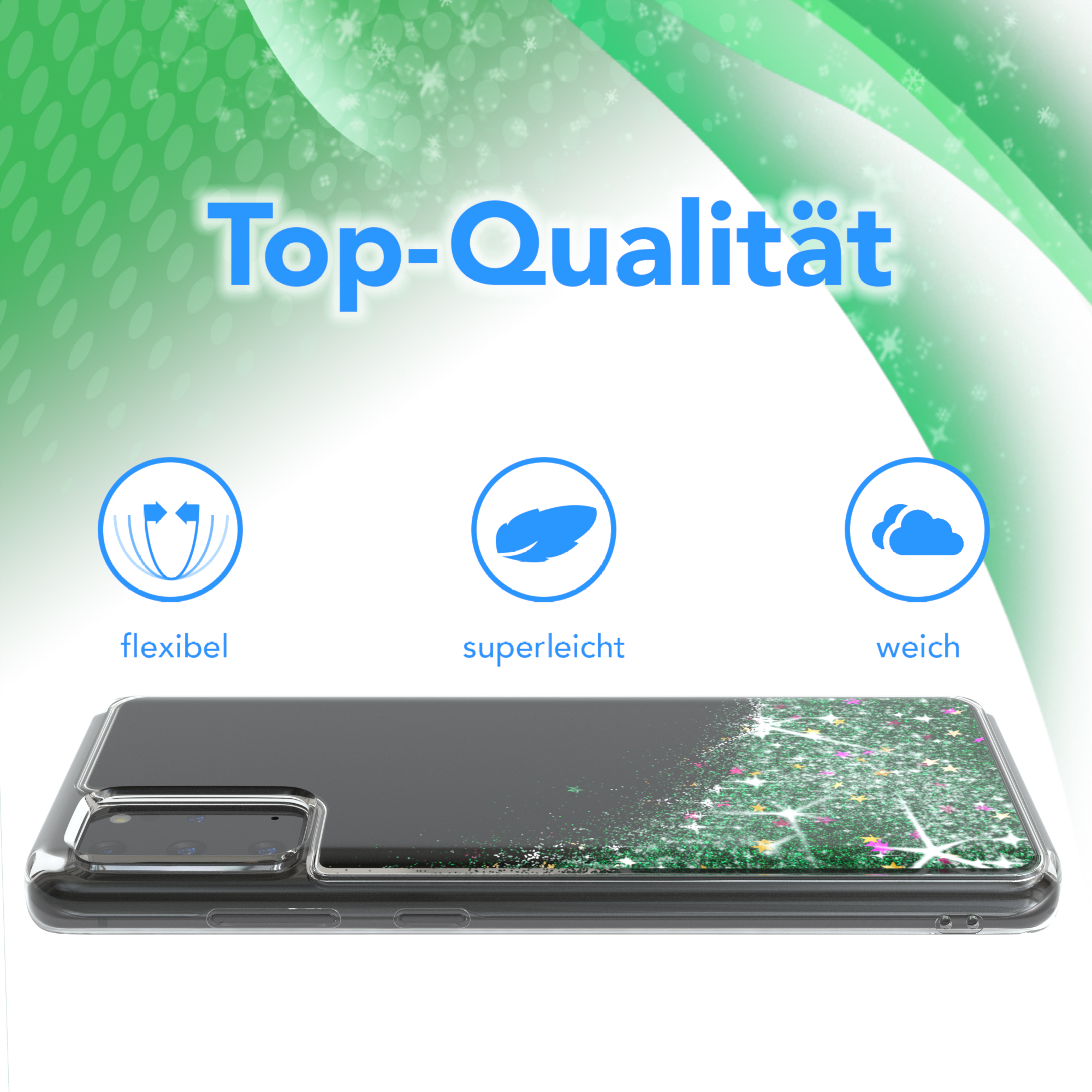 Transparente Handyhülle mit grünen Glitzersternen und Text 'Top-Qualität' auf schwarzem Grund.