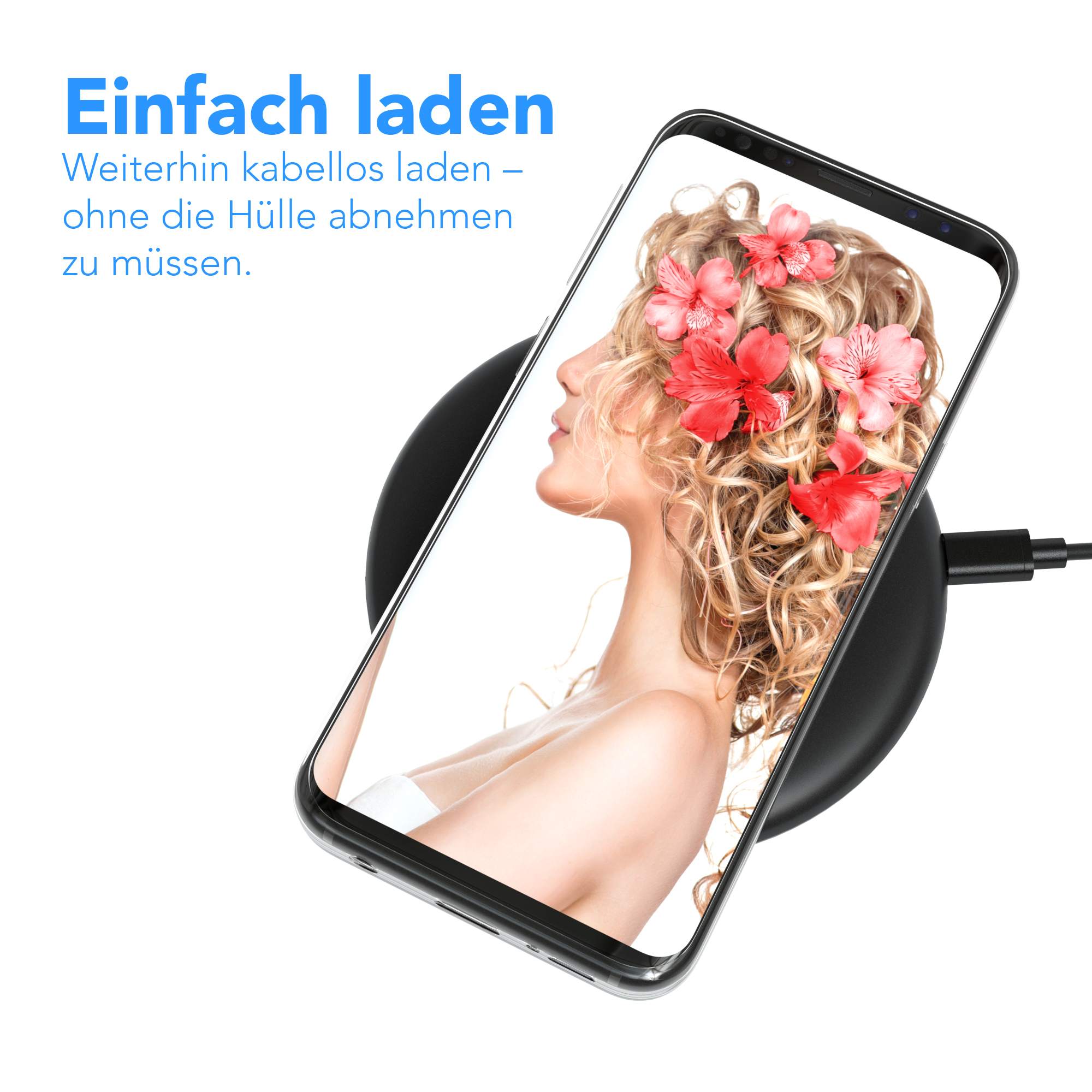 Ein Telefon auf einem kabellosen Ladegerät, mit einem Bild einer Frau mit Blumen auf dem Bildschirm.