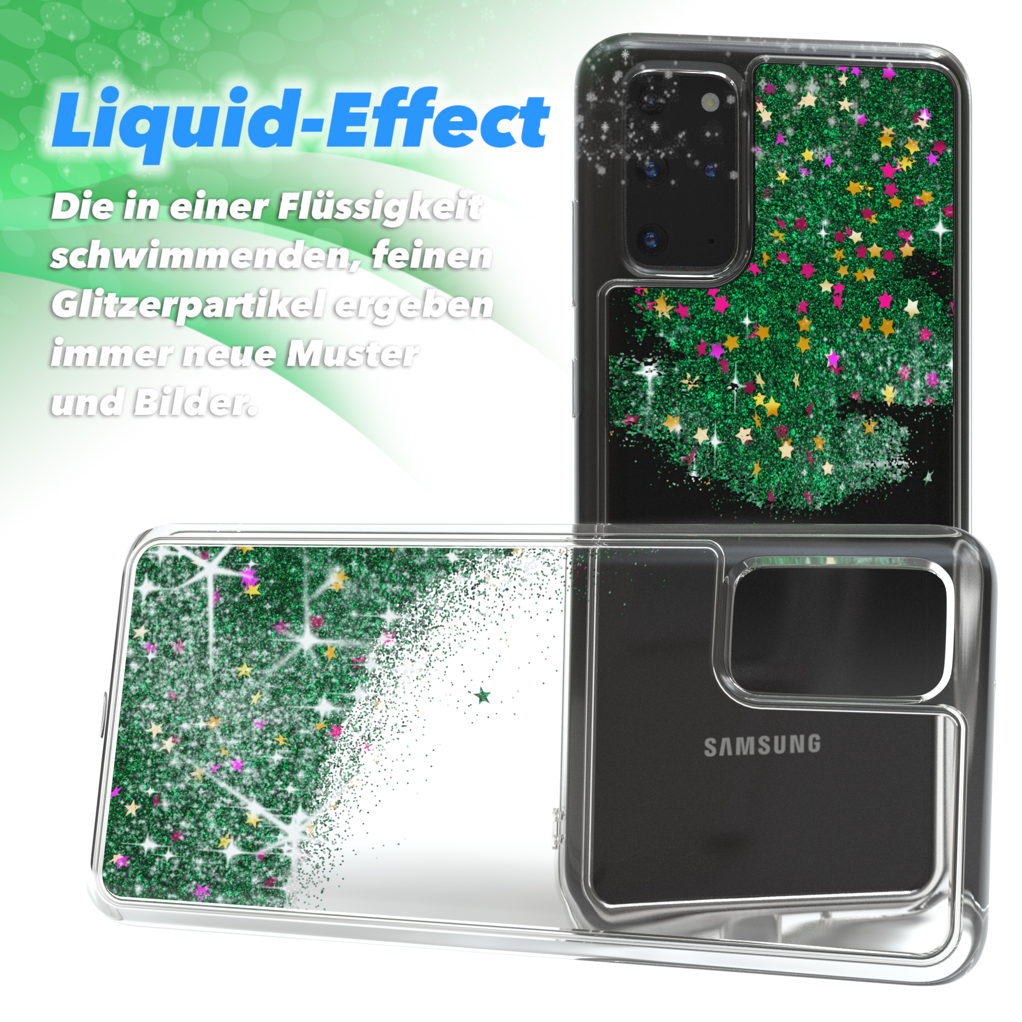 Eine transparente Handyhülle mit grünem Glitzer, mit einem Telefon darin. Ein zweites Telefon befindet sich dahinter.