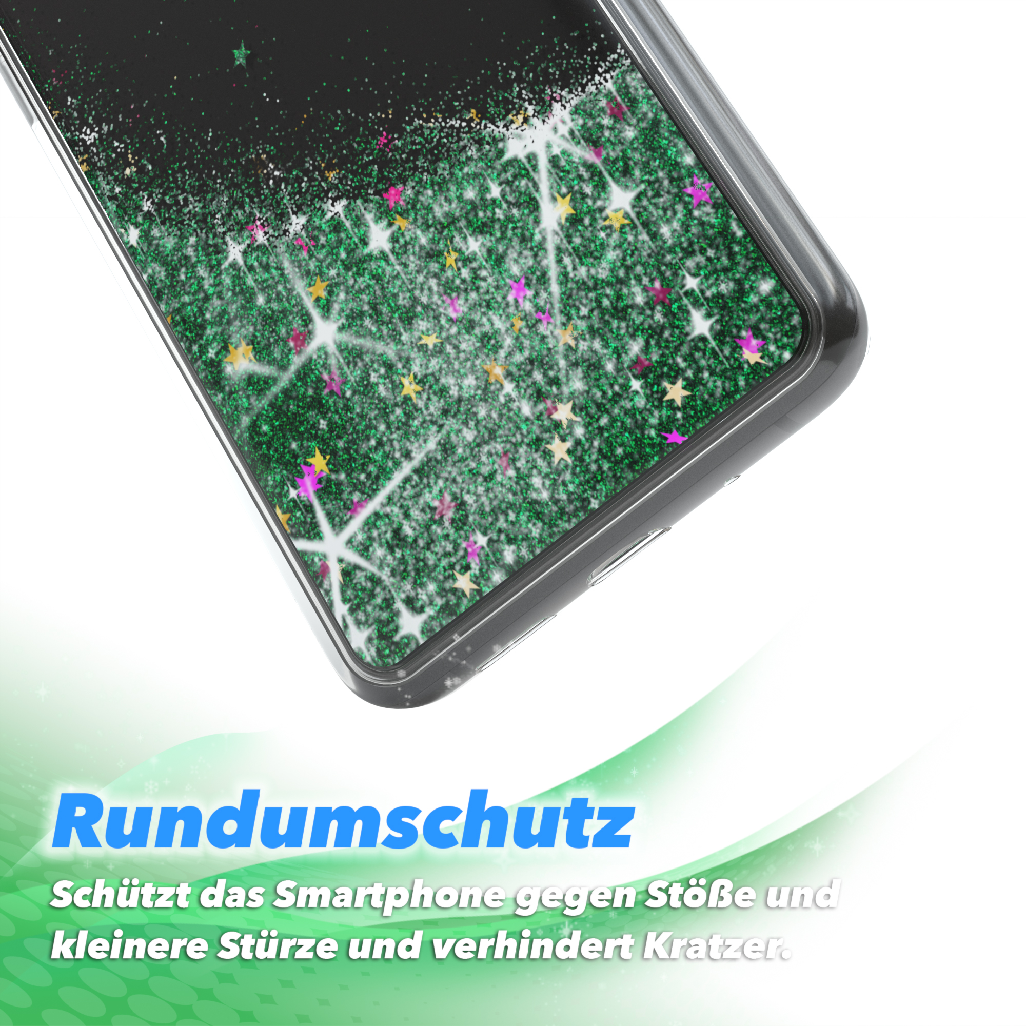Nahaufnahme einer Handyhülle mit grünem Glitzer und Sternen. Unten steht 'Rundumschutz'.