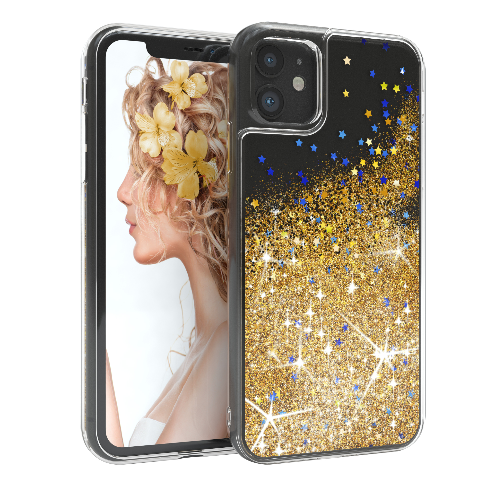 Handyhülle mit Gold- und blauen Glitzerstern-Design. Das Telefon zeigt eine Frau mit Blumen.
