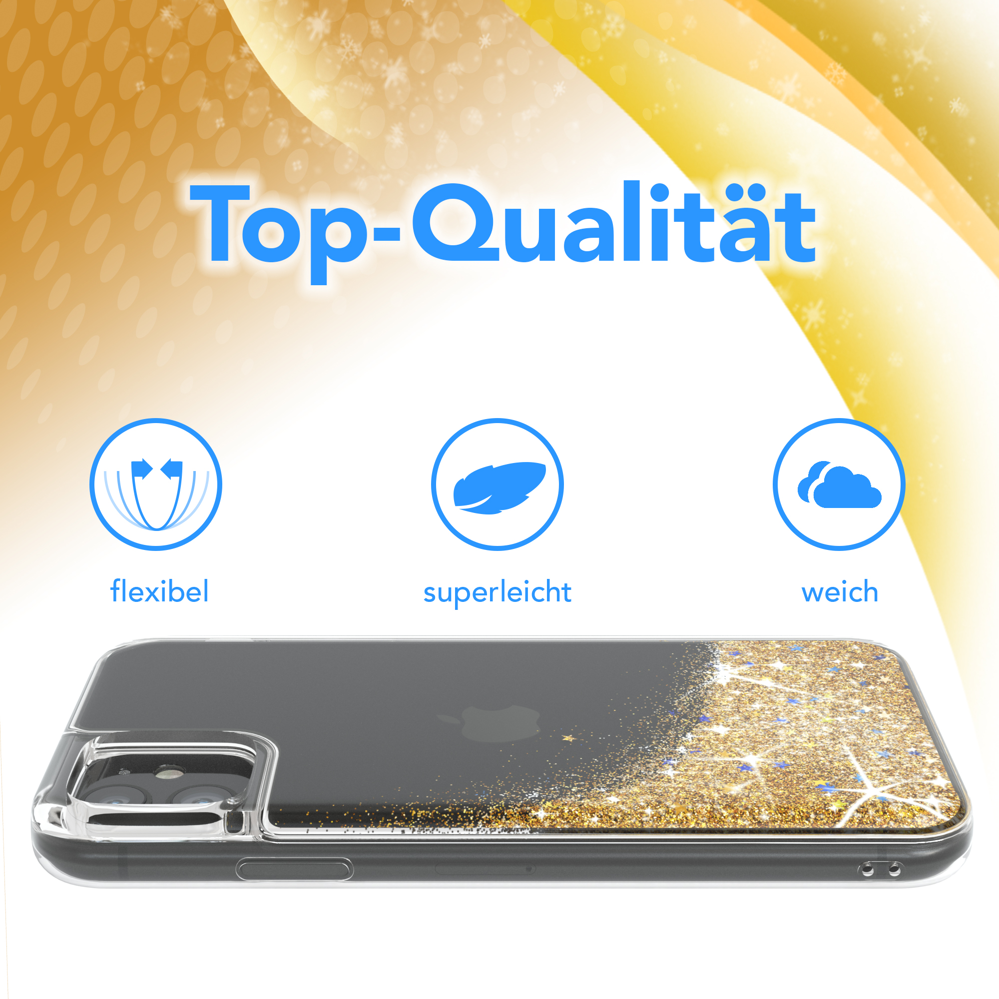 Handyhülle mit goldenem Glitzerdesign. Text: Top-Qualität, flexibel, superleicht und weich.