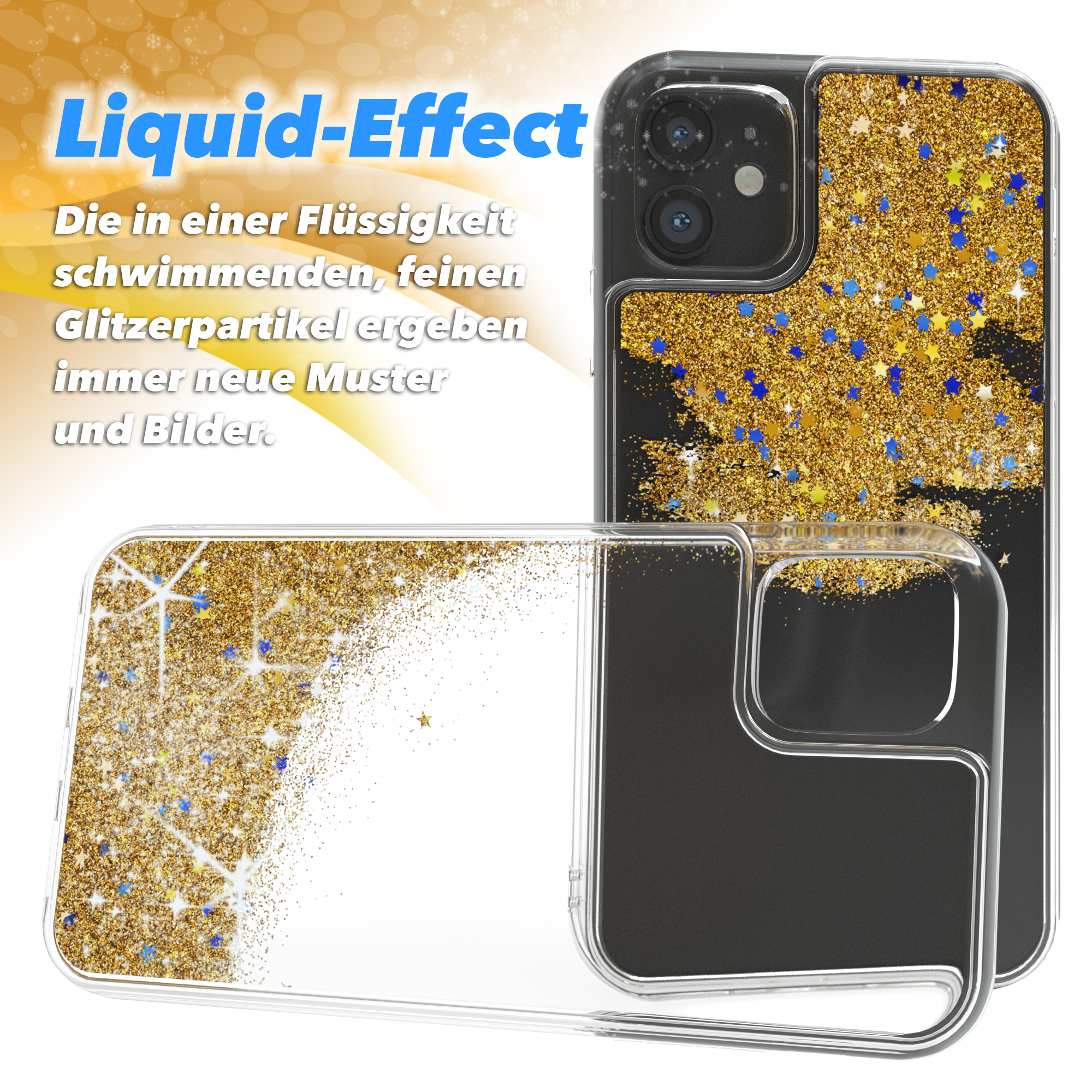 Handyhülle mit goldenem Glitzer, mit weißem Hintergrund. Die Hülle ist transparent.