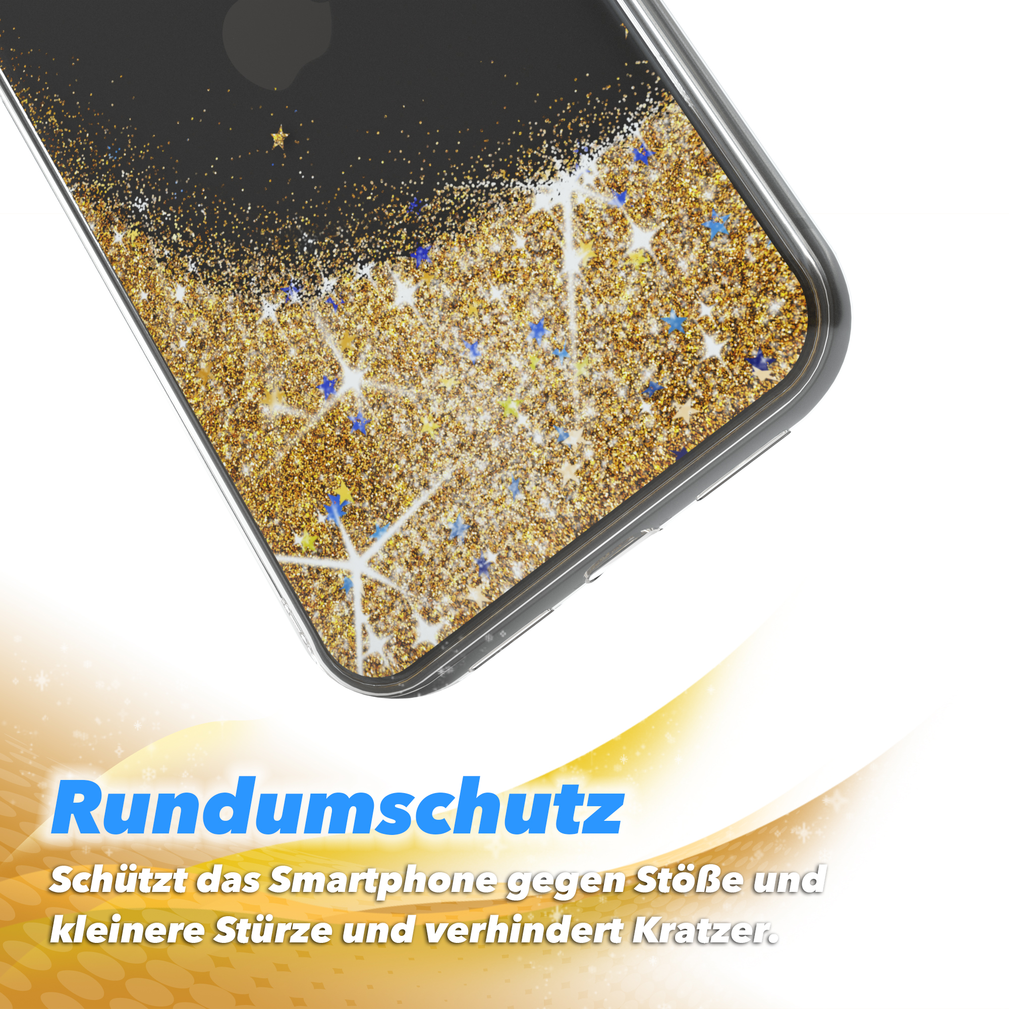 Smartphone-Hülle mit goldenen Glitzersternen, schützt vor Stößen und Kratzern.