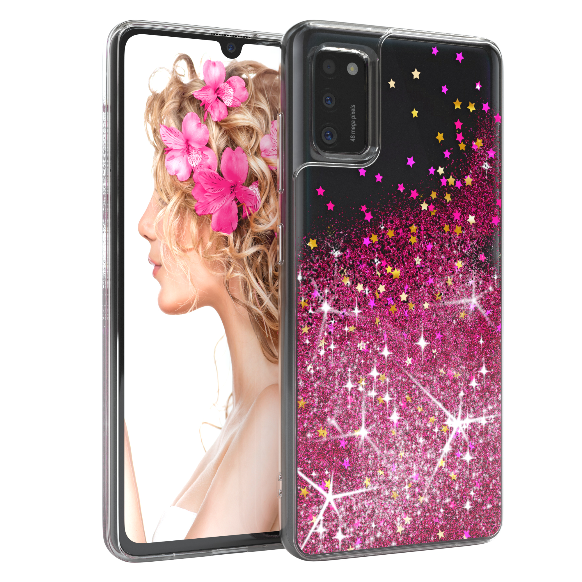 Telefon in einer Hülle mit pinkfarbenem Glitzer und Sternen. Eine Frau ist auf dem Bildschirm.