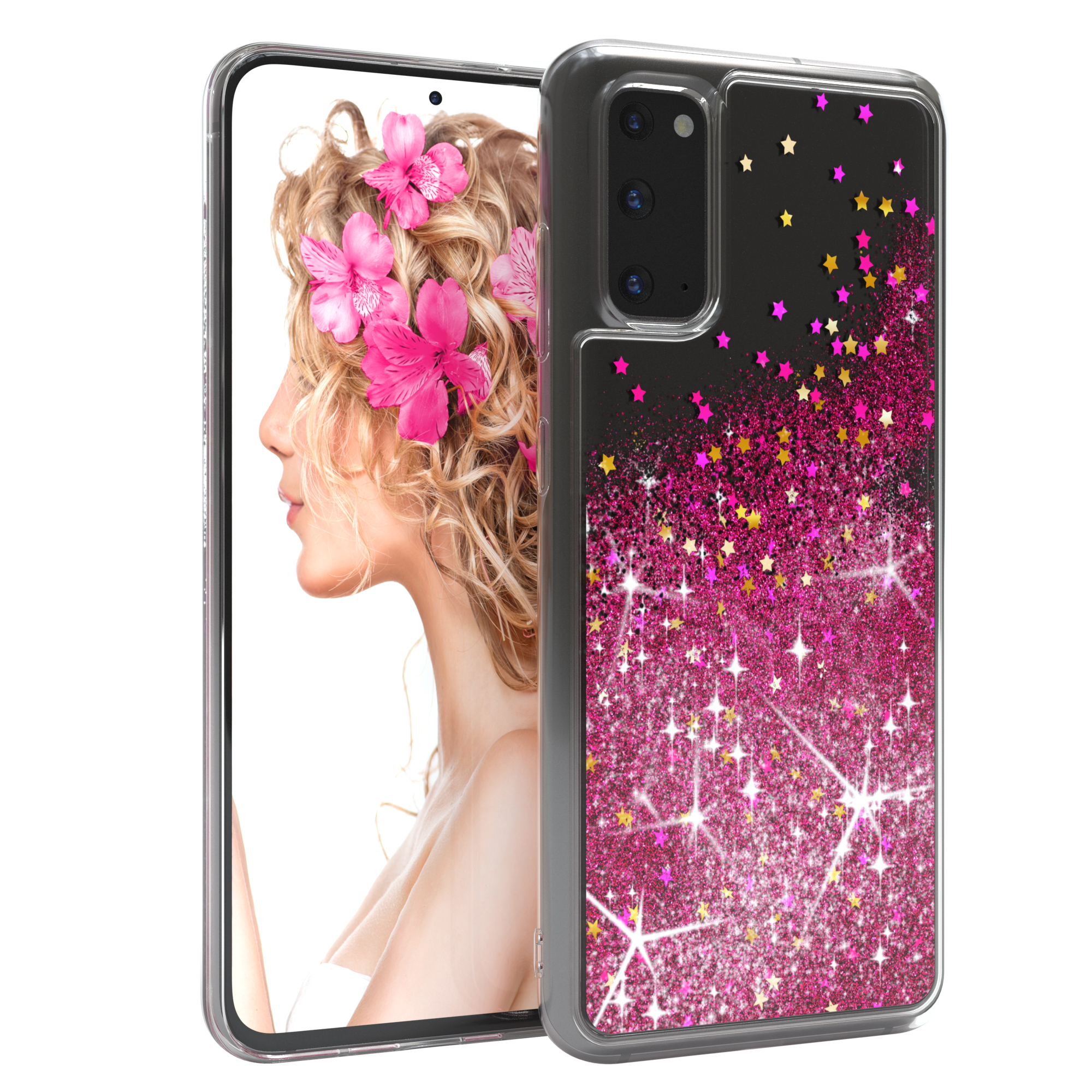 Eine Handyhülle mit Glitzer und einem Bild einer Frau mit Blumen.