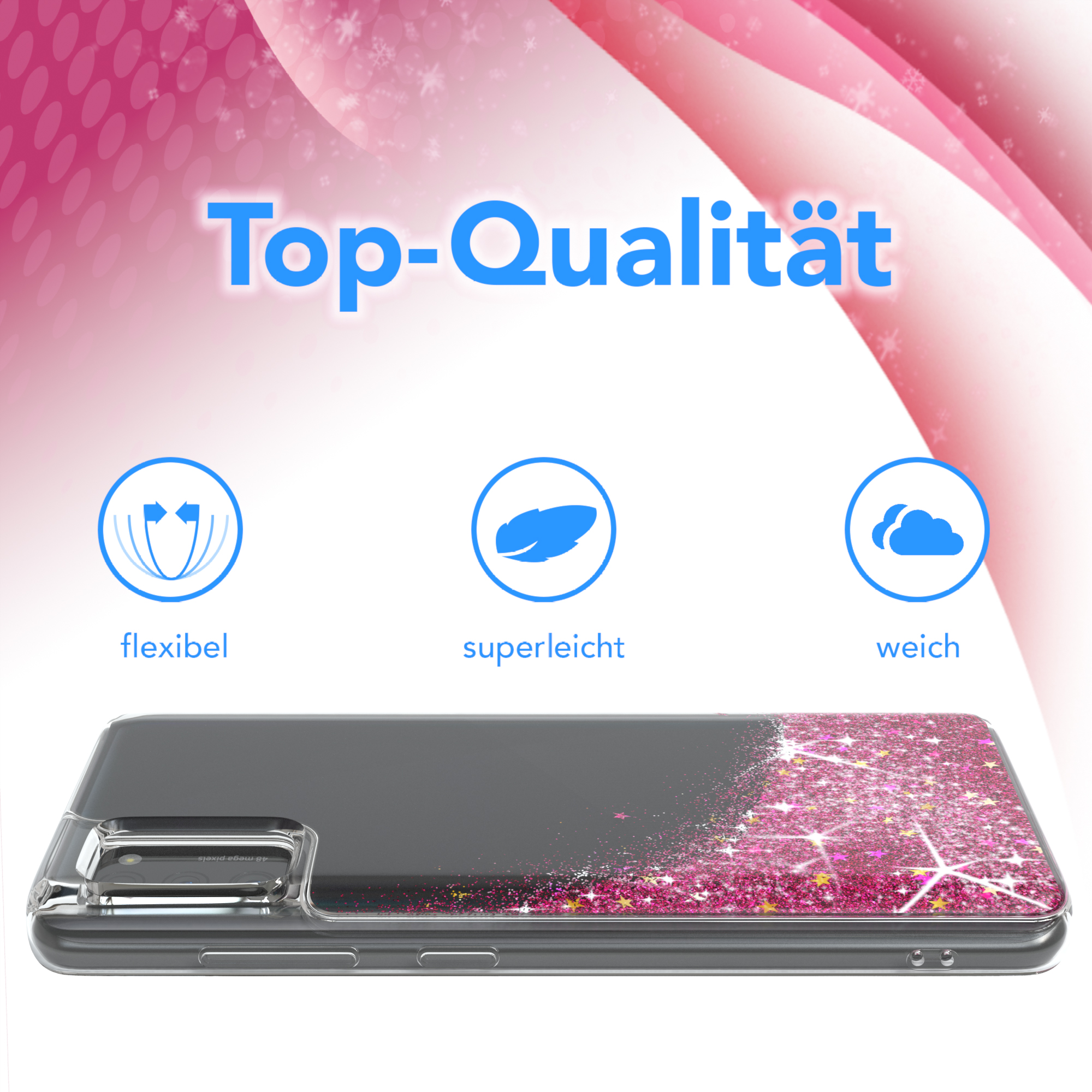 Transparente Handyhülle mit pinkem Glitzer. Eigenschaften: flexibel, superleicht und weich.