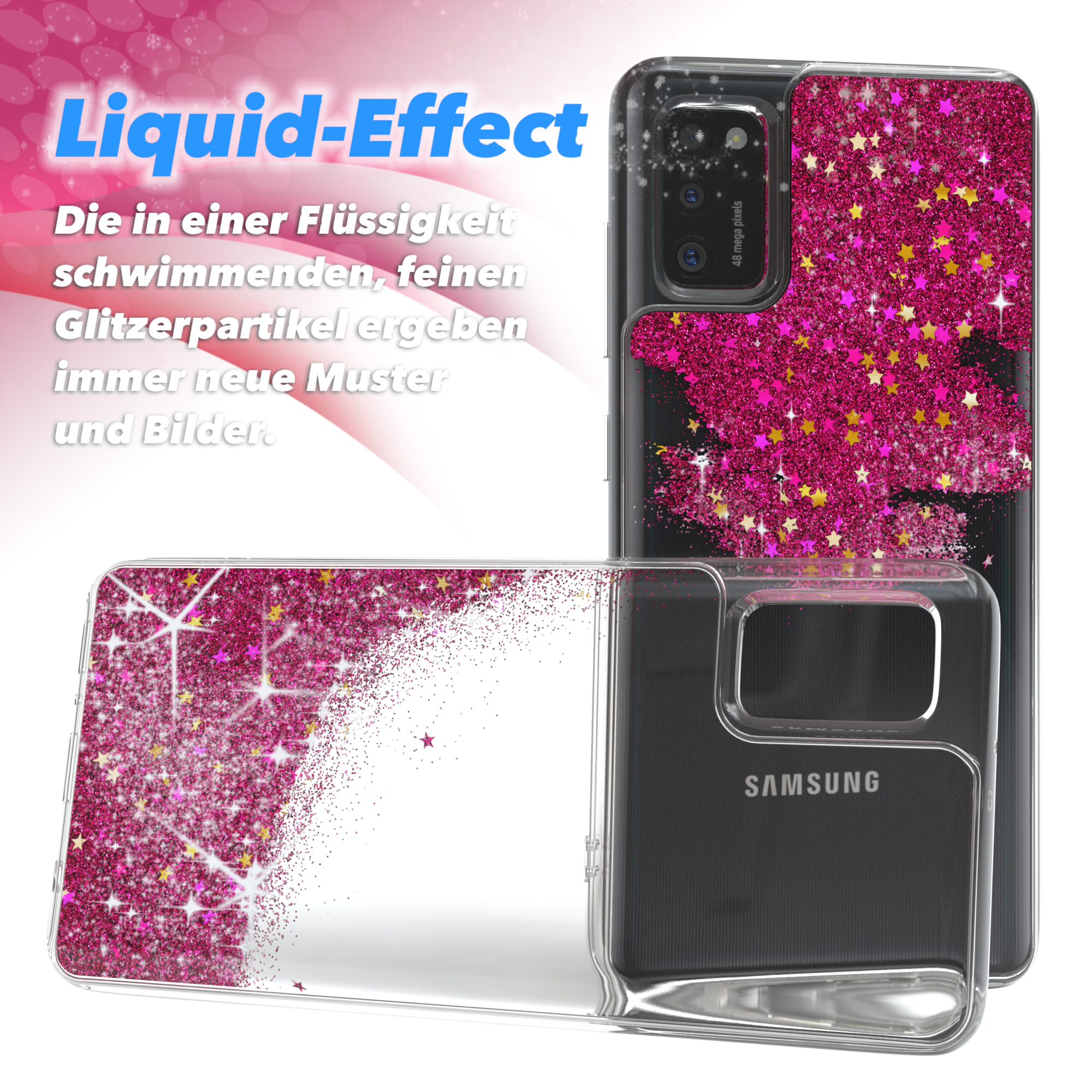 Eine Handyhülle mit rosa Glitzereffekt auf der Rückseite. Eine weitere Hülle wird seitlich gezeigt.