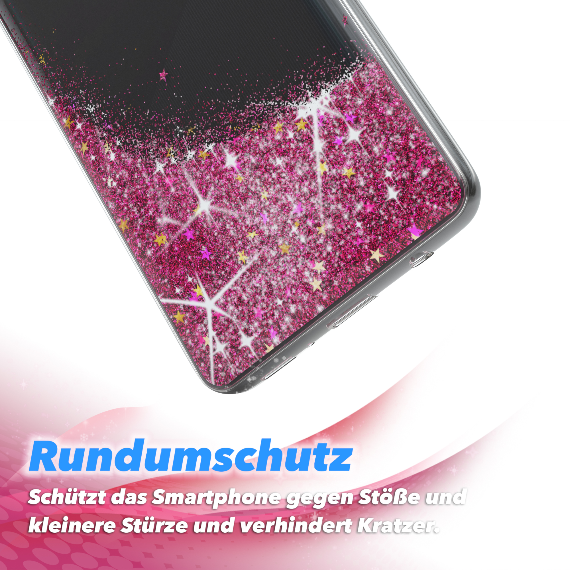Handyhülle mit pinkfarbenem Glitzer. Hülle ist klar, Glitzer unten.