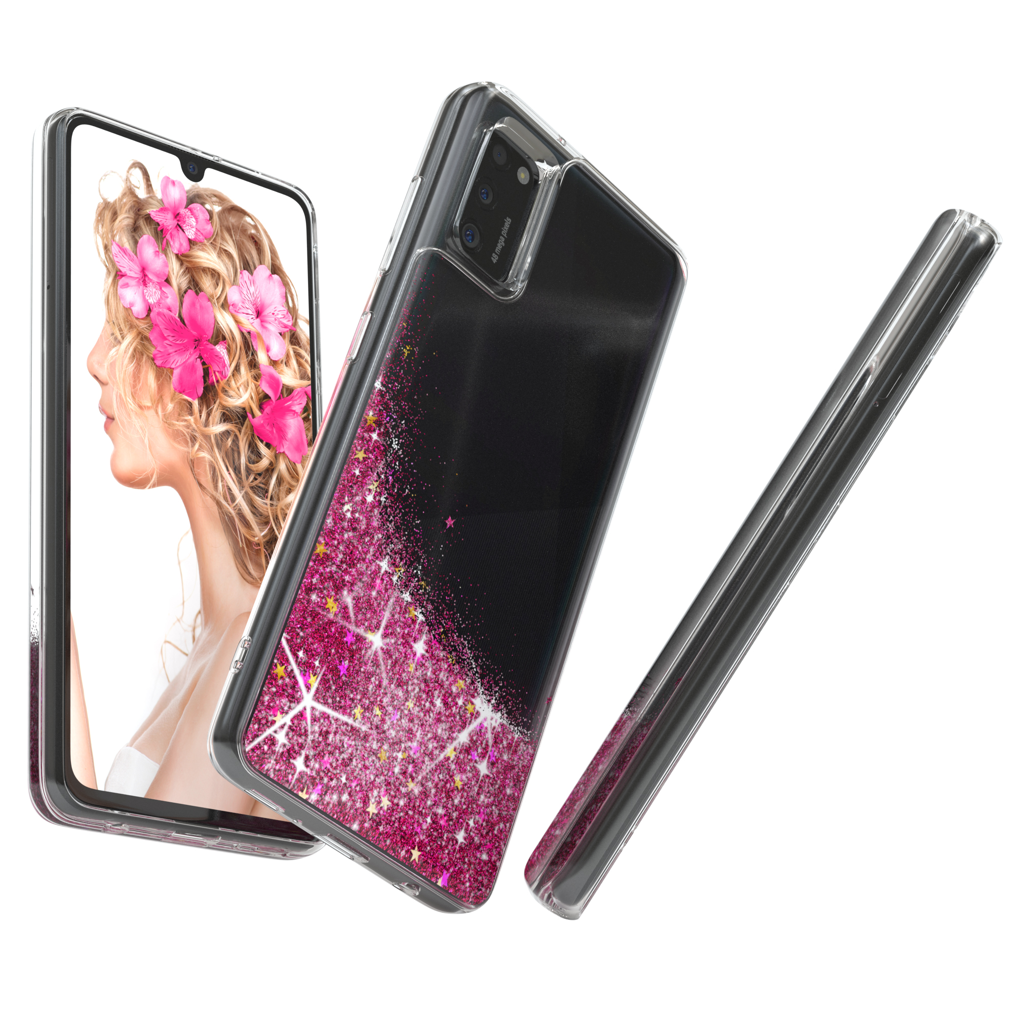 Eine Handyhülle mit Telefon darin. Die Hülle ist transparent mit rosa Glitzersternen. Ein Telefon befindet sich links.