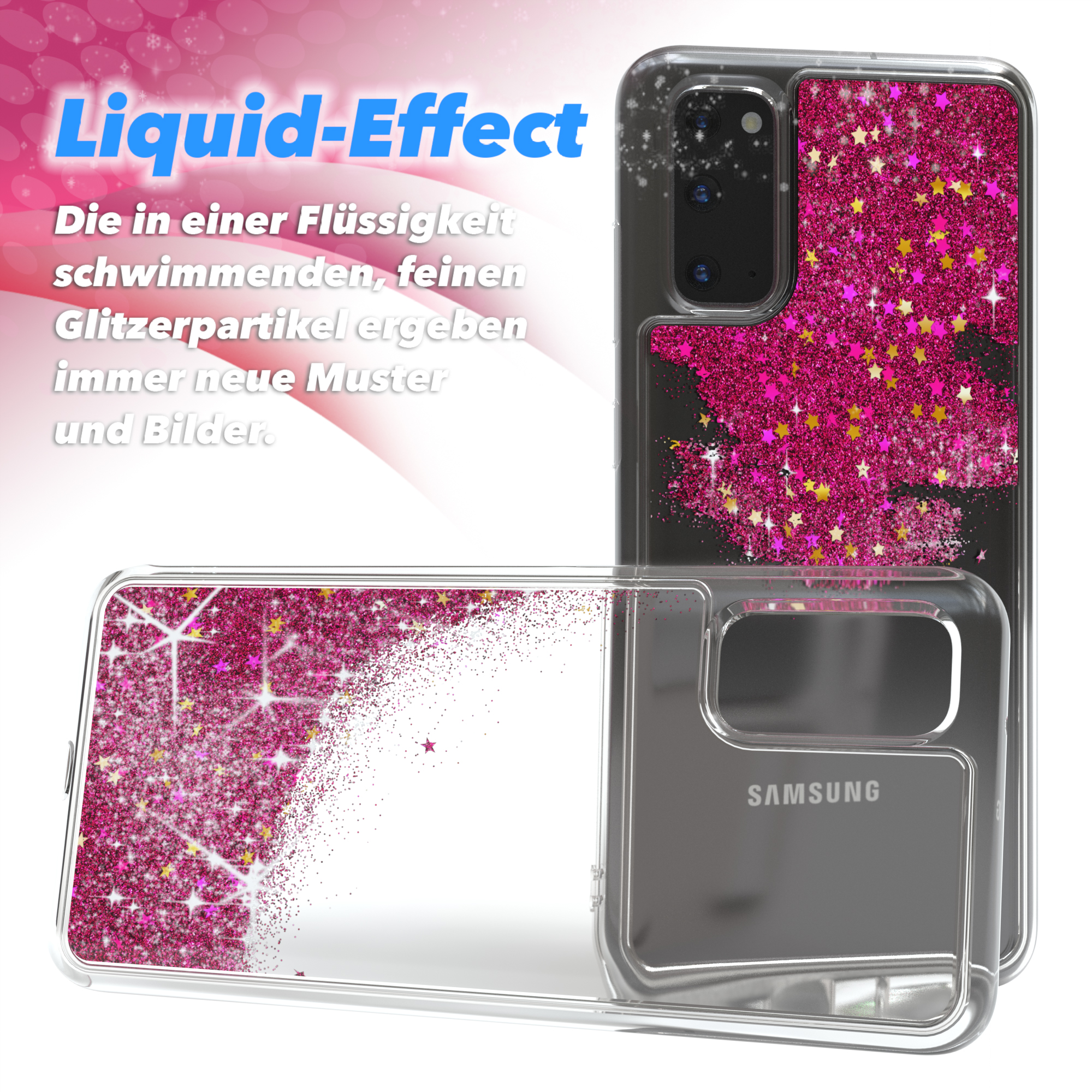 Eine Handyhülle mit rosa Glitzer und Sternen mit Text.