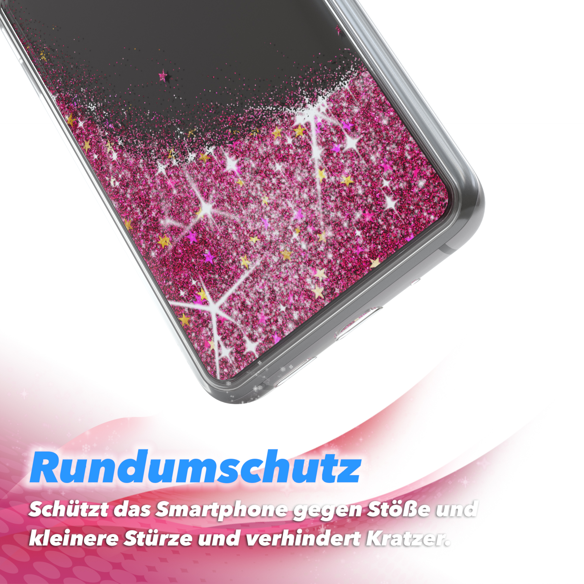 Nahaufnahme der Handyhülle mit rosa Glitzer und Sternen. Text: 'Rundumschutz'.