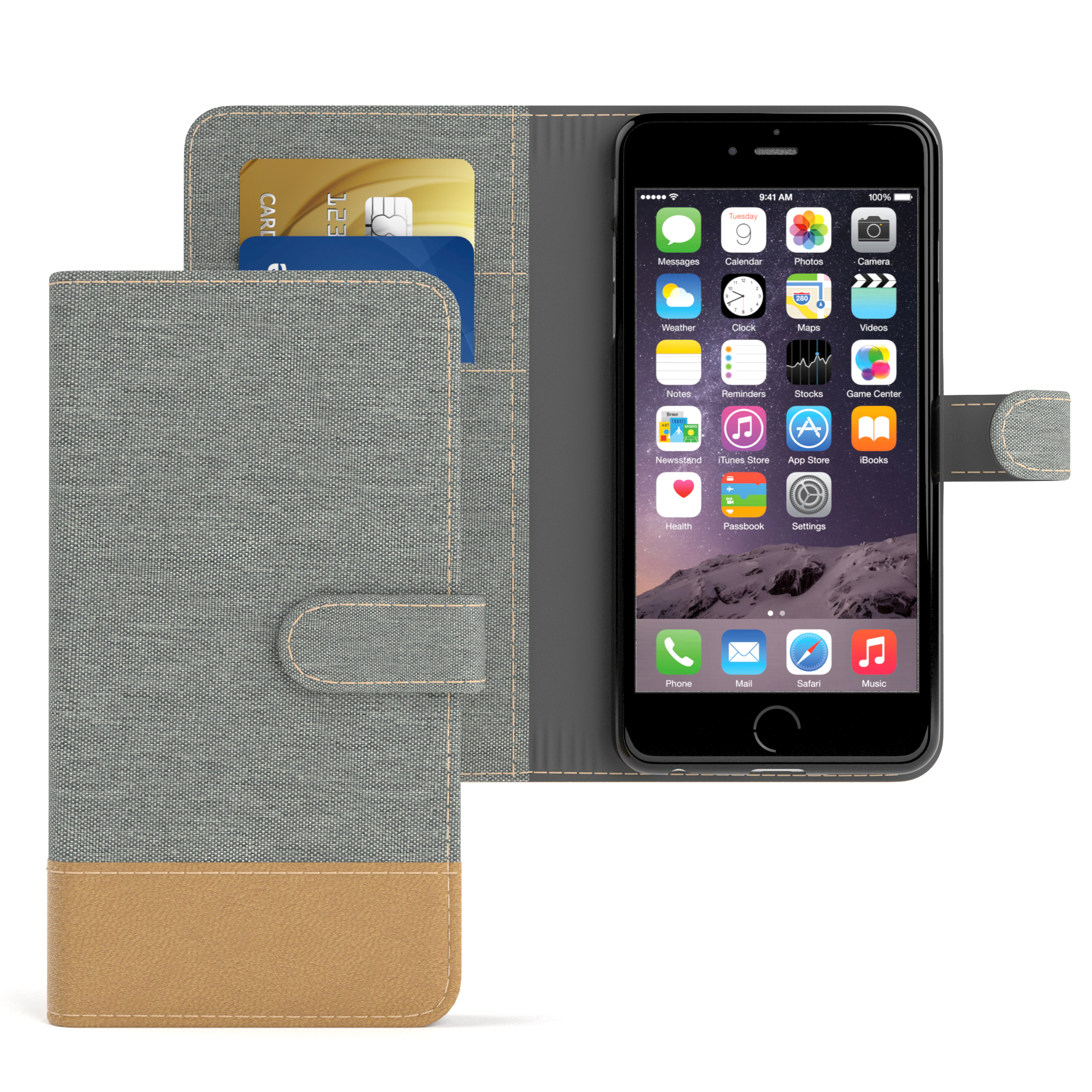 EAZY CASE Bookstyle Klapphülle 6 iPhone Hell Kartenfach, Bookcover, / Jeans Apple, Grau mit 6S