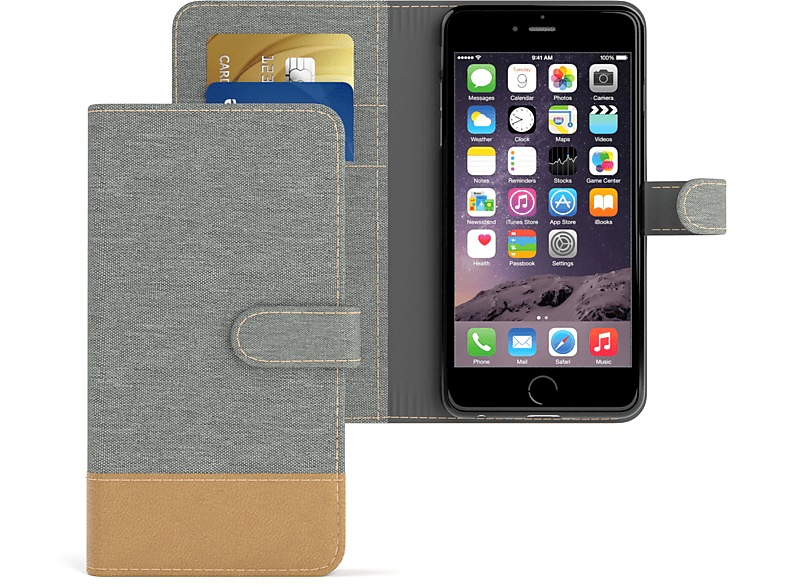 EAZY CASE Bookstyle Klapphülle 6 iPhone Hell Kartenfach, Bookcover, / Jeans Apple, Grau mit 6S