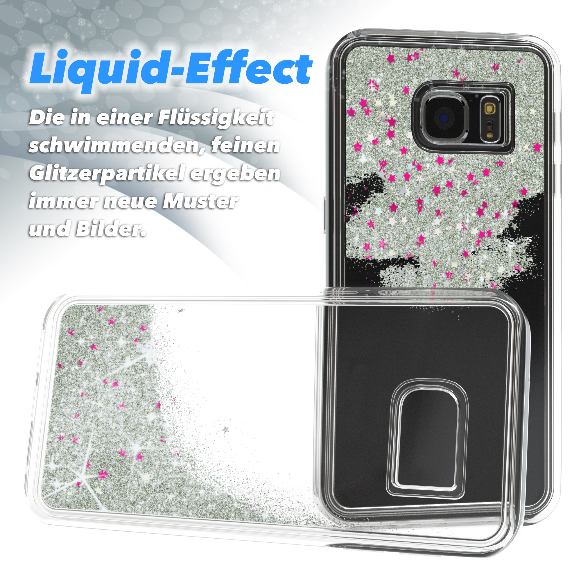 Handyhülle mit Flüssigkeitsglitzer. Das Telefon ist drin.