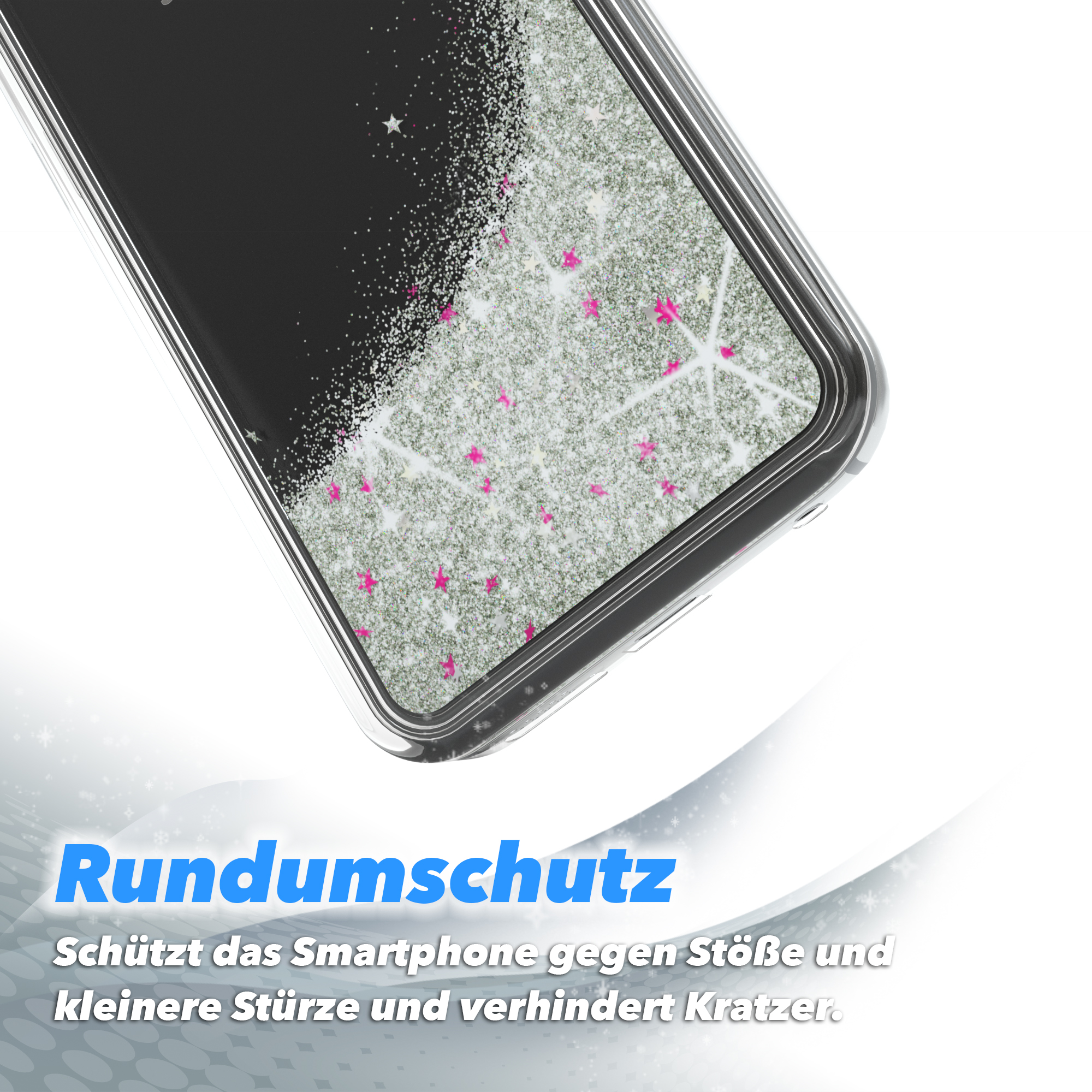 Nahaufnahme einer Handyhülle mit Glitzer. Der Text besagt, dass die Hülle das Smartphone vor Stößen und Kratzern schützt.