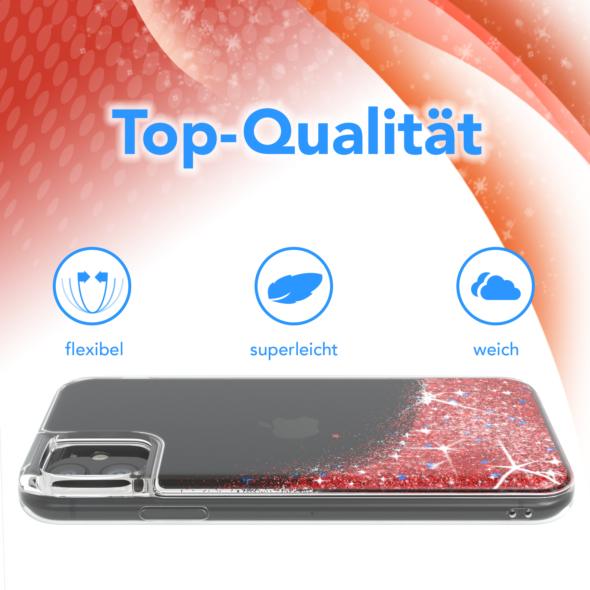 Handyhülle mit rotem Glitzer, transparent, mit den Worten Top-Qualität.