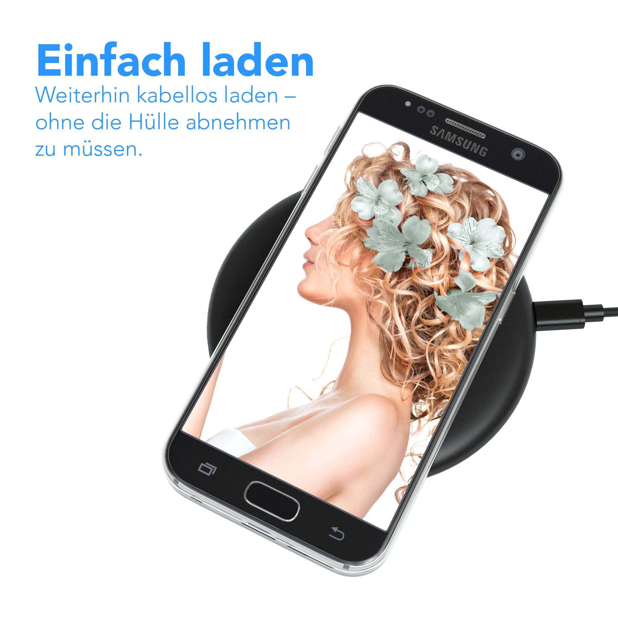 Ein Telefon auf einem kabellosen Ladegerät, das eine Frau mit Blumen zeigt. Weißer Hintergrund mit Text. Schwarzes Ladegerät.
