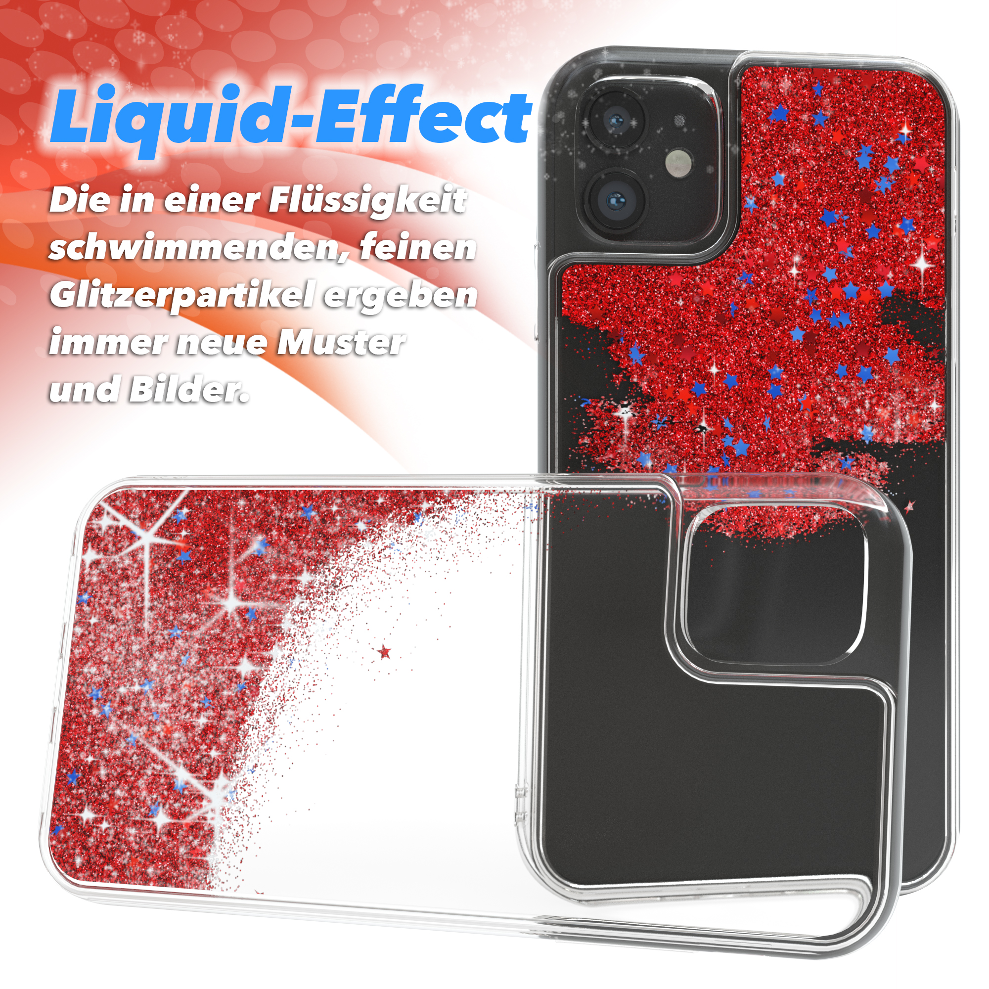 Handyhülle mit rotem Glitzereffekt. Links eine transparente Hülle. Text oben links.