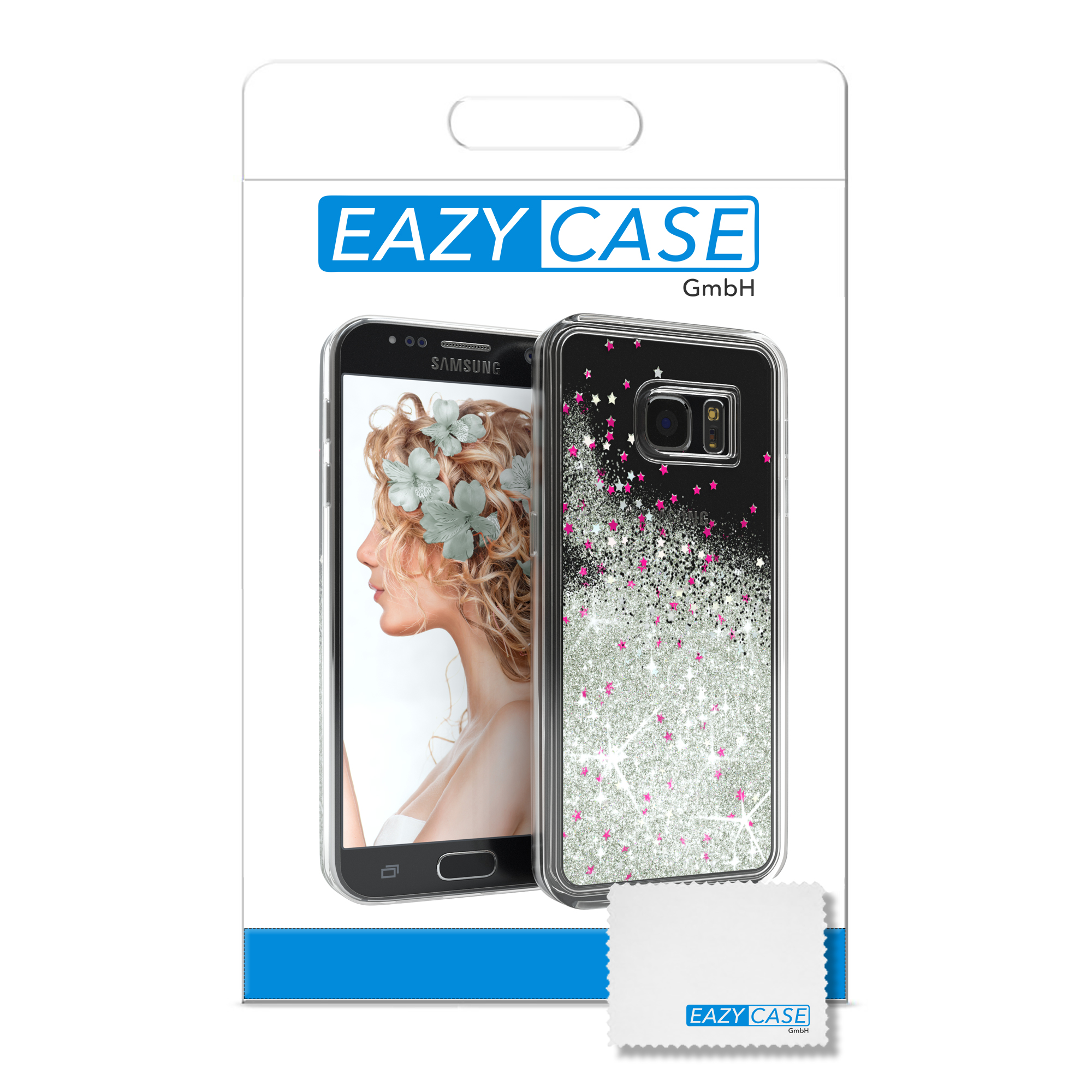 Telefon in einer Hülle. Die Verpackung zeigt das Telefon und Glitzer.