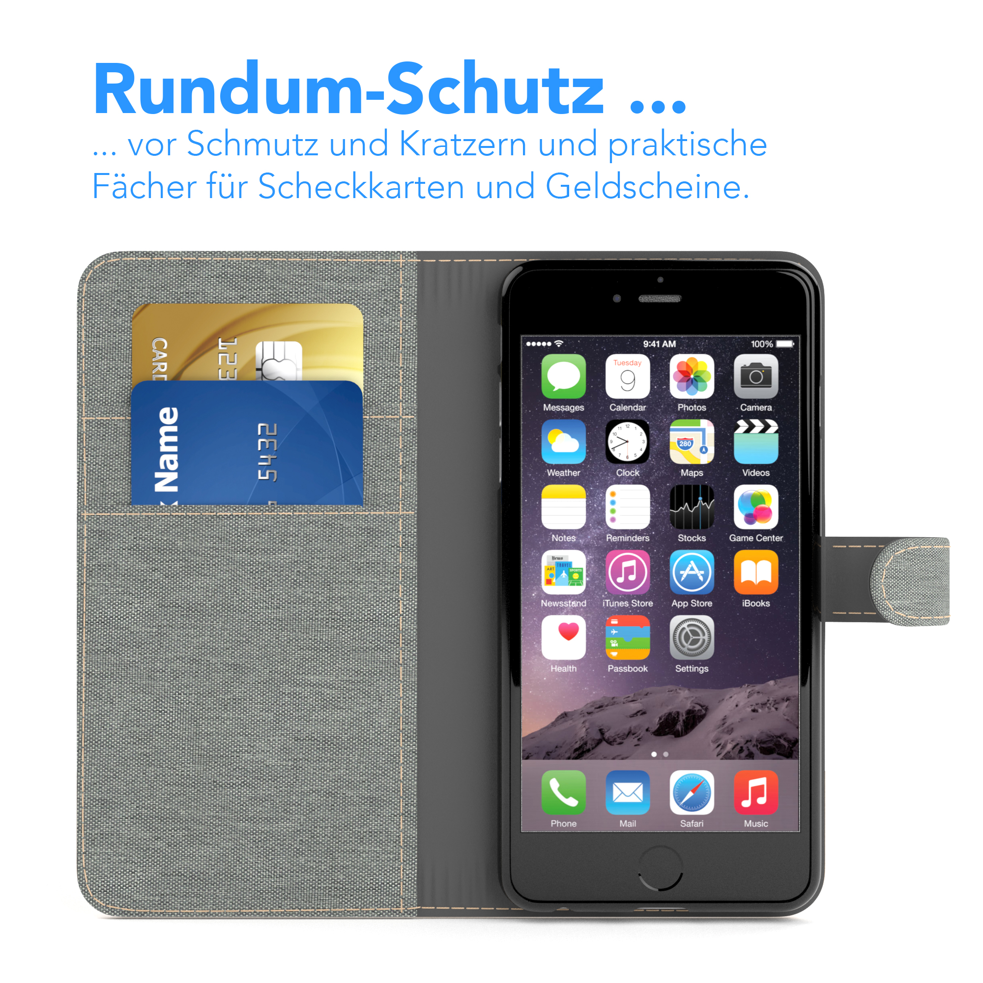 Ein Telefon in einer Brieftaschenhülle mit Kreditkarten. Der Telefonbildschirm zeigt die Apps.
