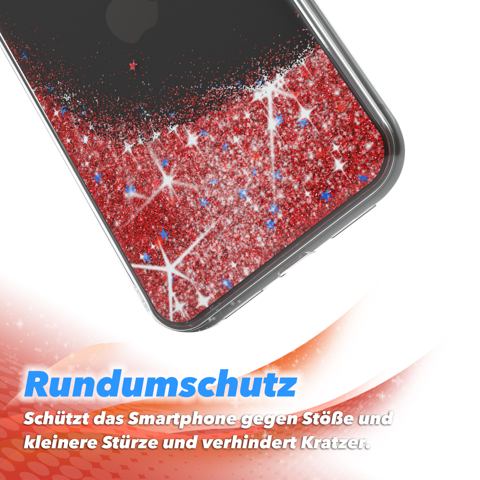 Handyhülle mit rotem Glitzer und blauen Glitzerpartikeln, Nahaufnahme.