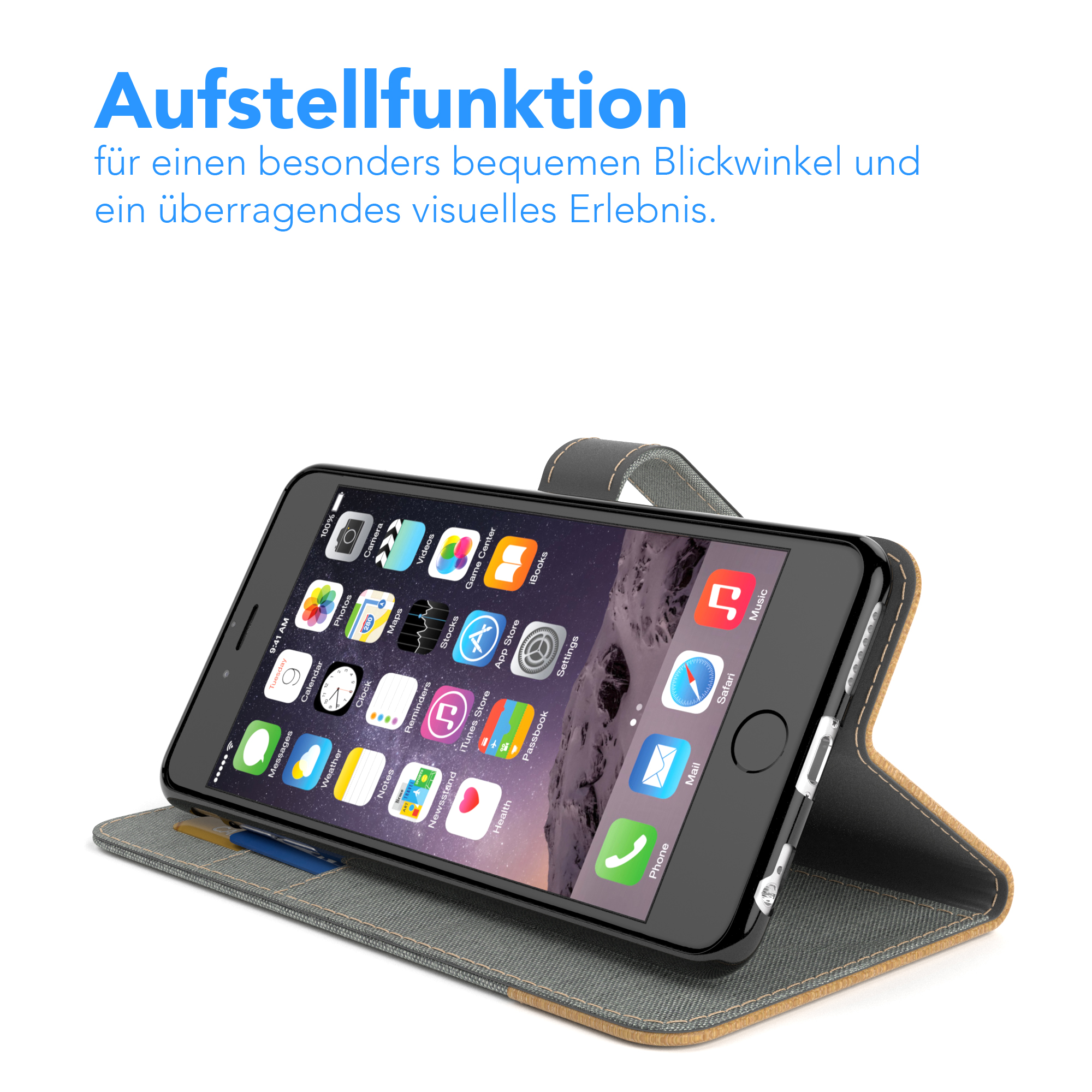 Smartphone in einer Hülle, aufgestellt, mit Blick auf den Bildschirm.