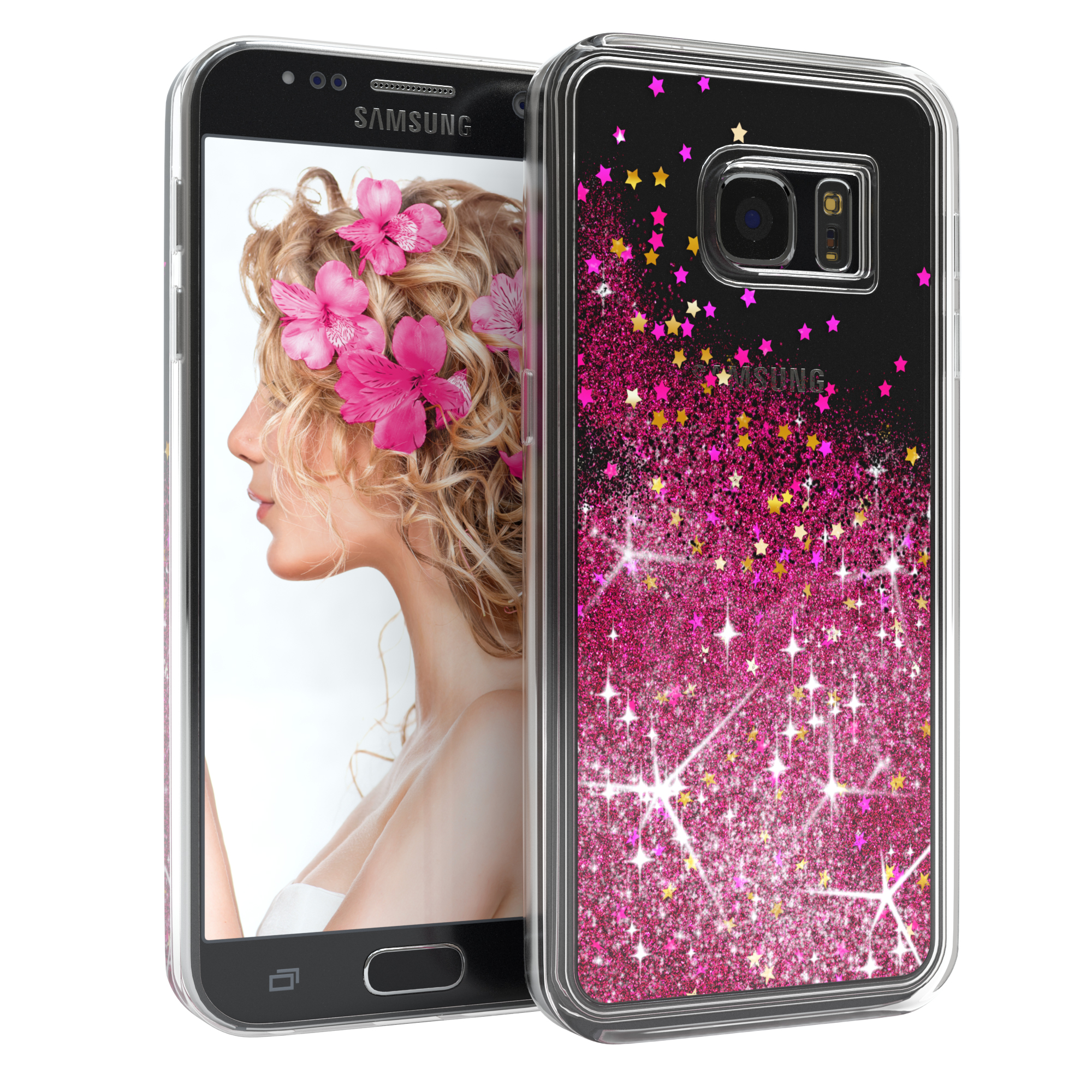 Transparente Handyhülle mit rosa und goldenem Glitzer, Bild einer Frau.