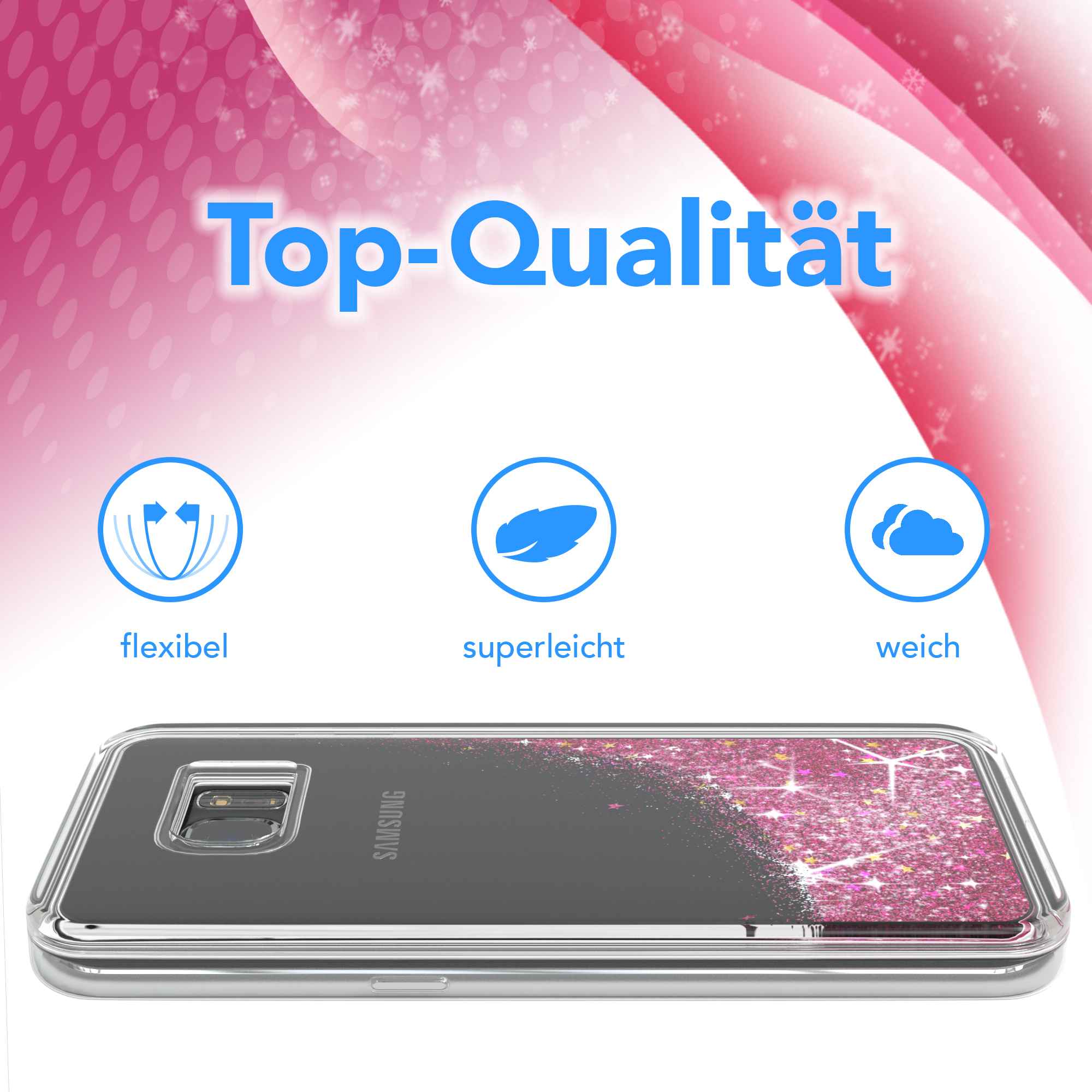 Ein Telefon in einer transparenten Hülle mit rosa Glitzer. Die Hülle hat den Text 'Top-Qualität'. Der Hintergrund ist weiß und rosa.