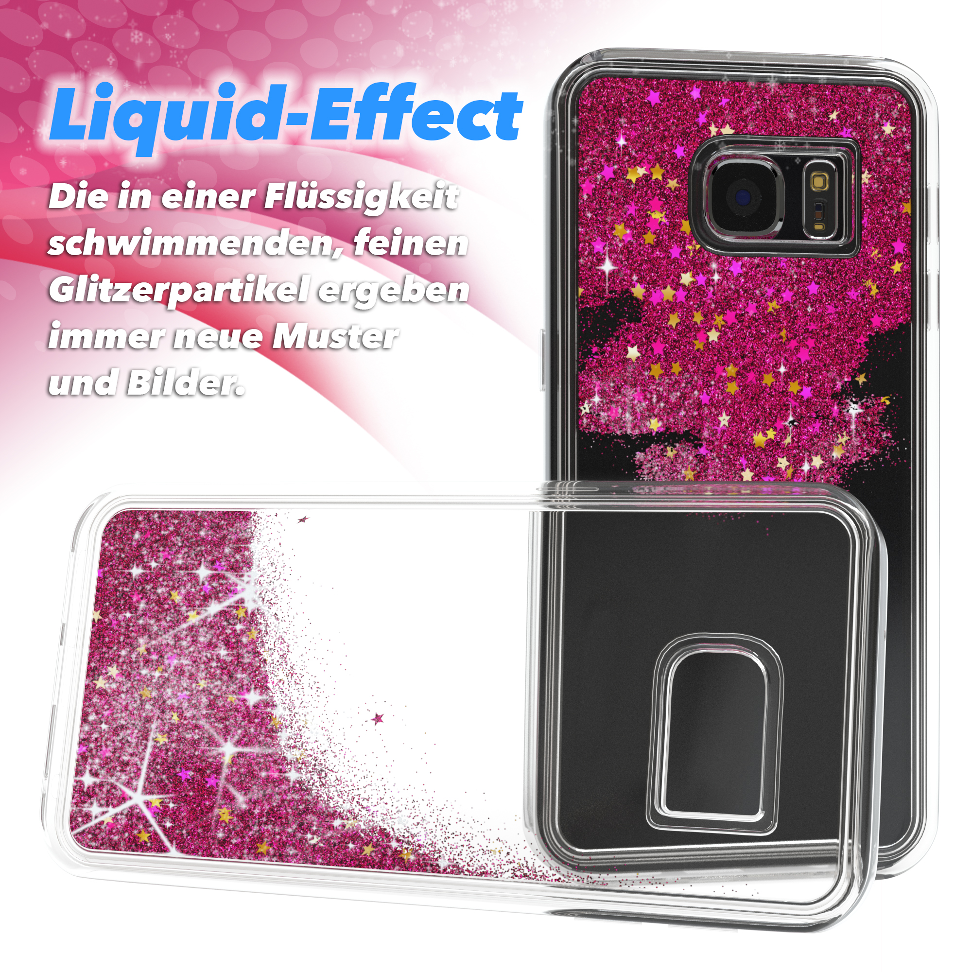 Eine Handyhülle mit pinkem Glitzer. Das Gehäuse befindet sich auf einer weißen Oberfläche, mit einem transparenten Teil.