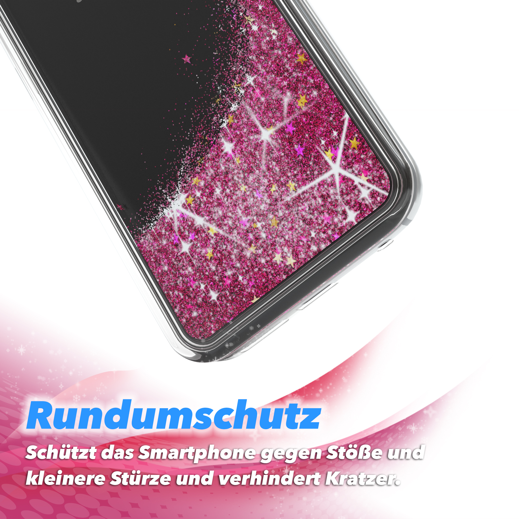 Handyhülle mit pinkem Glitzerdesign. Text: Rundumschutz, schützt vor Stößen und Kratzern.