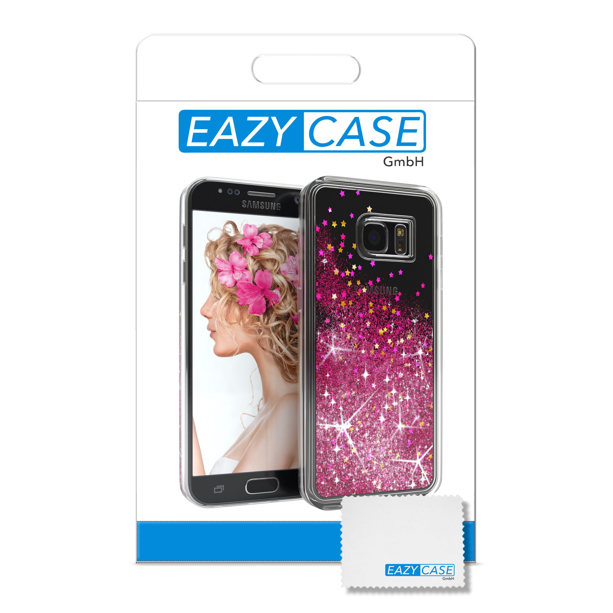 Eine Handyhülle mit einem Handy darin. Es zeigt eine Frau und Glitzersterne auf Schwarz.